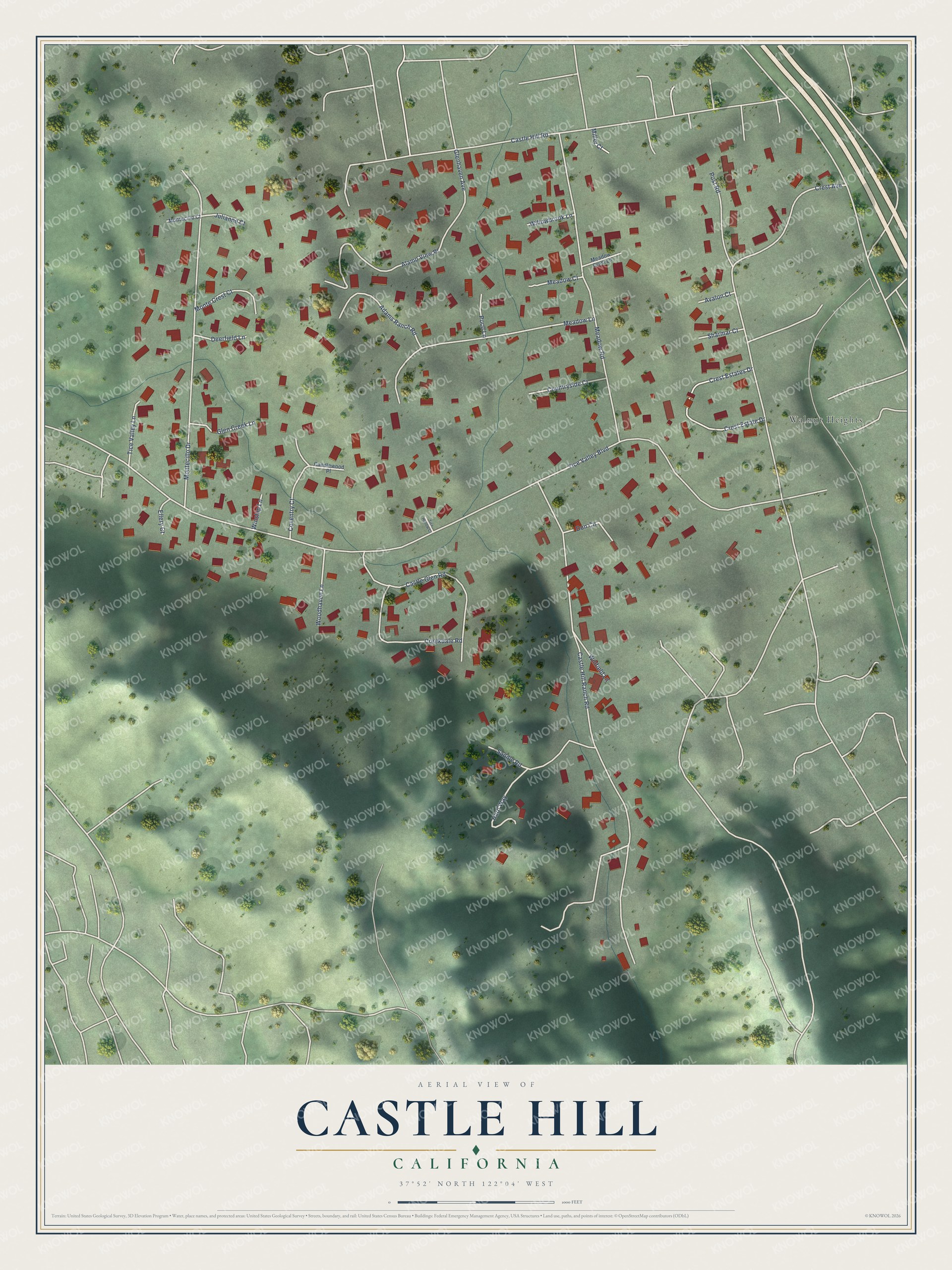 Full map of Castle Hill, California, with red buildings, printed street names and the land around them
