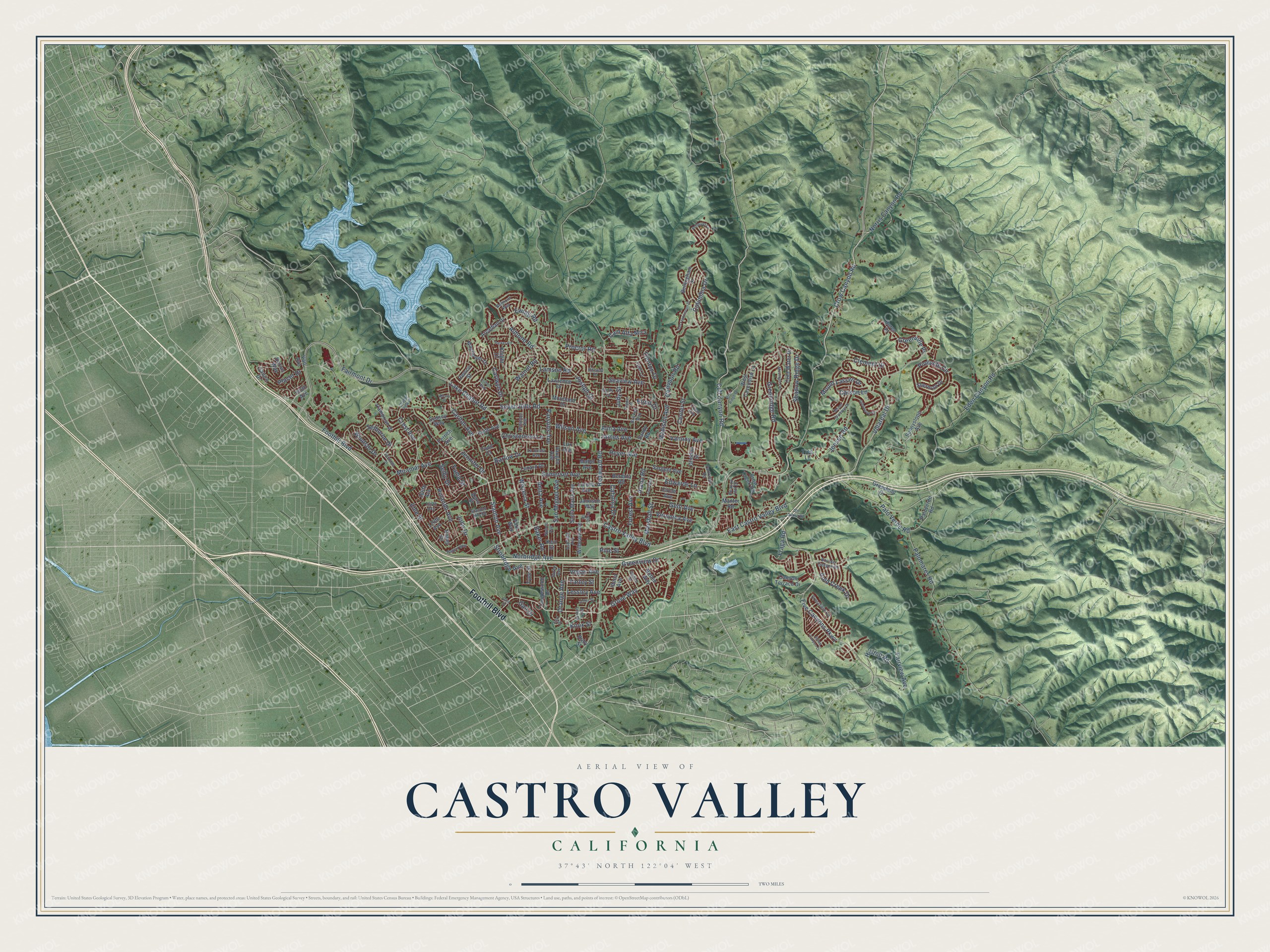 Full map of Castro Valley, California, with red buildings, printed street names and the land around them