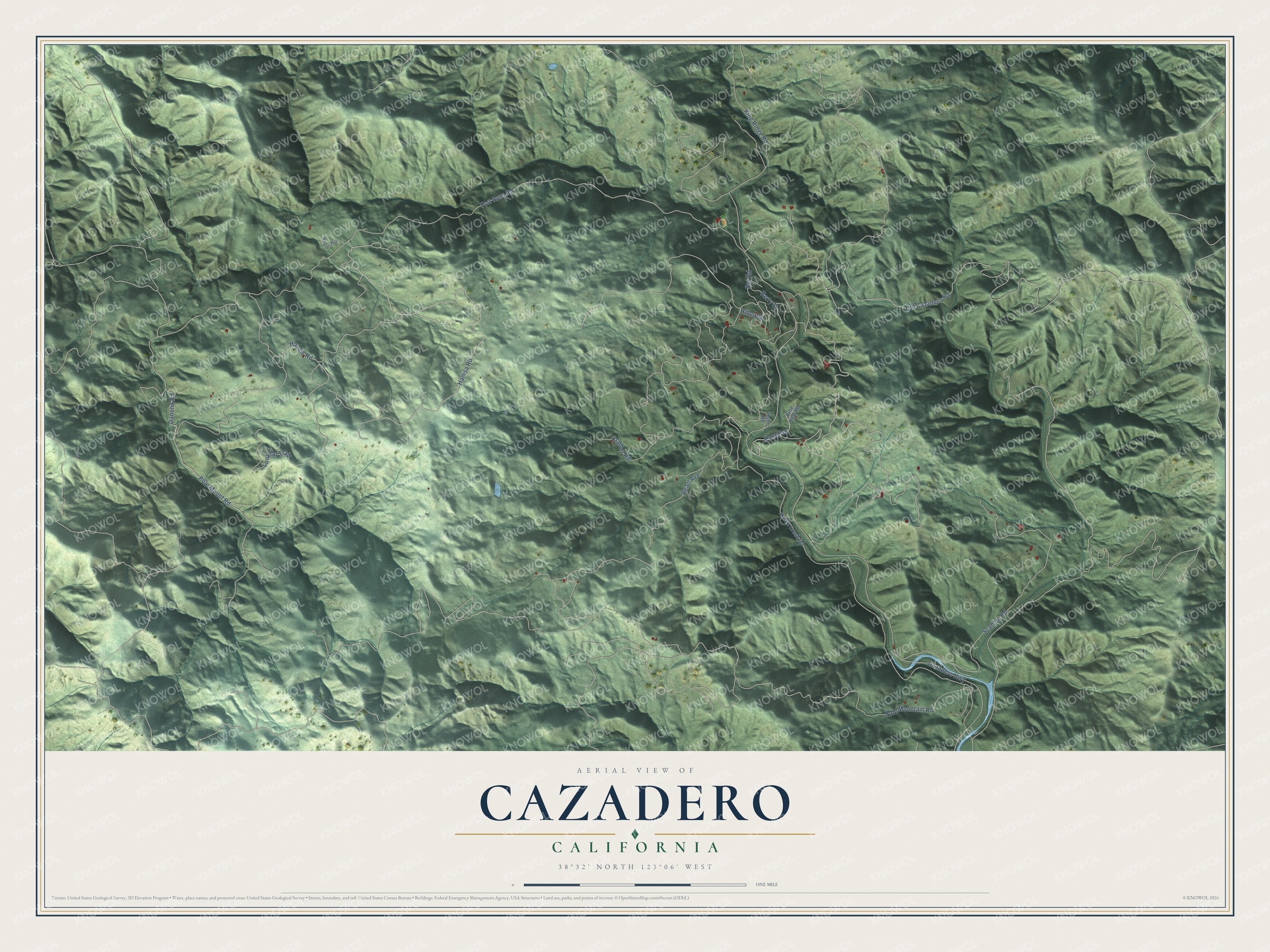 Full map of Cazadero, California, with red buildings, printed street names and the land around them