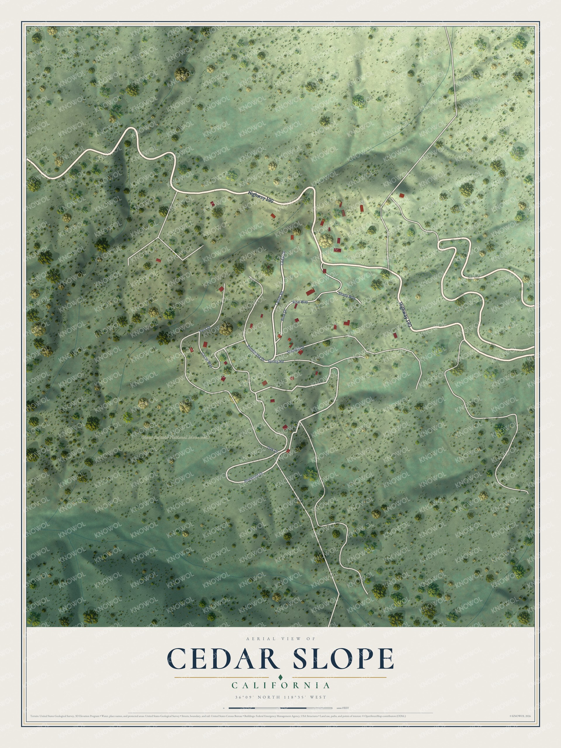 Full map of Cedar Slope, California, with red buildings, printed street names and the land around them