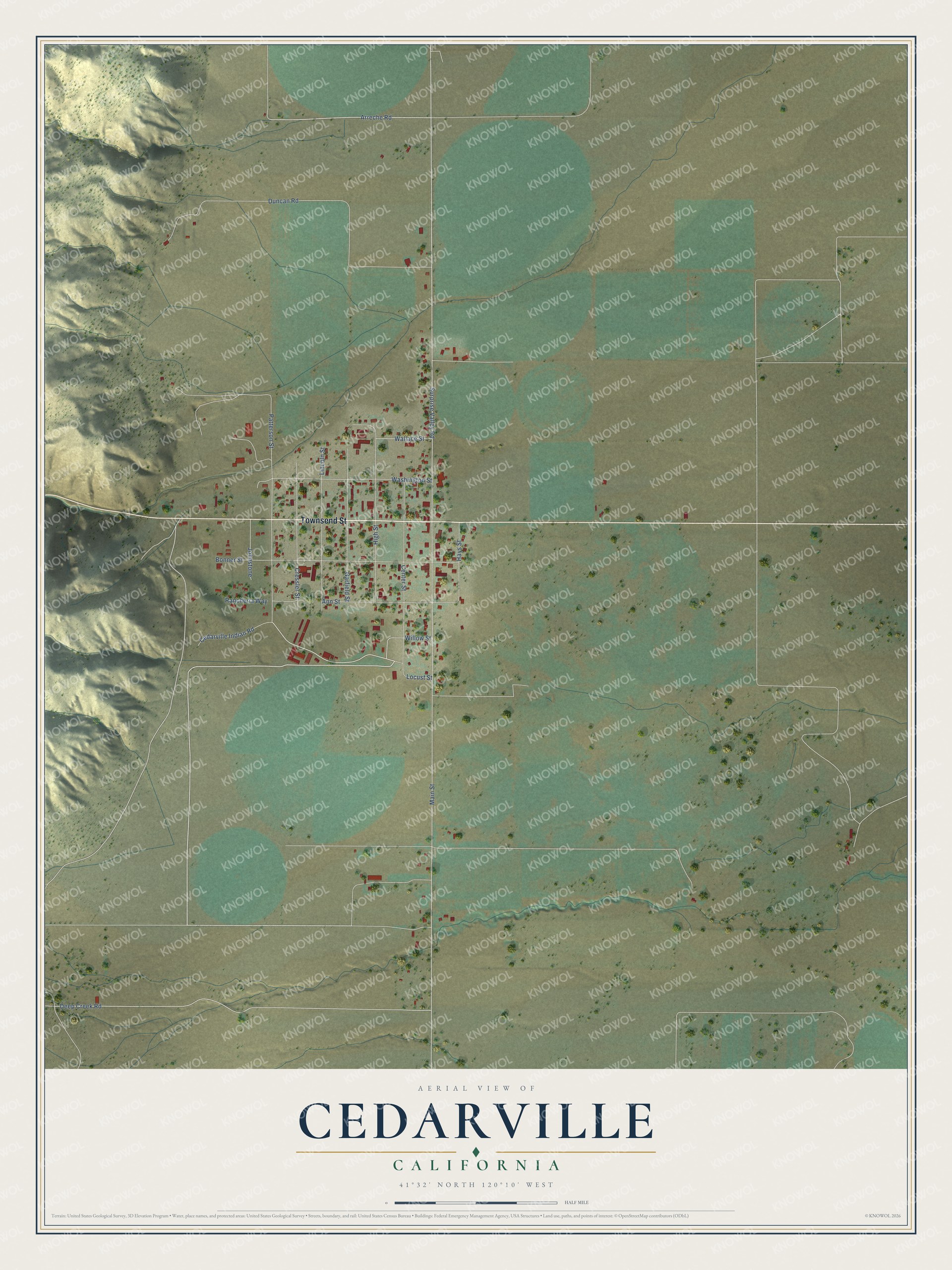 Full map of Cedarville, California, with red buildings, printed street names and the land around them