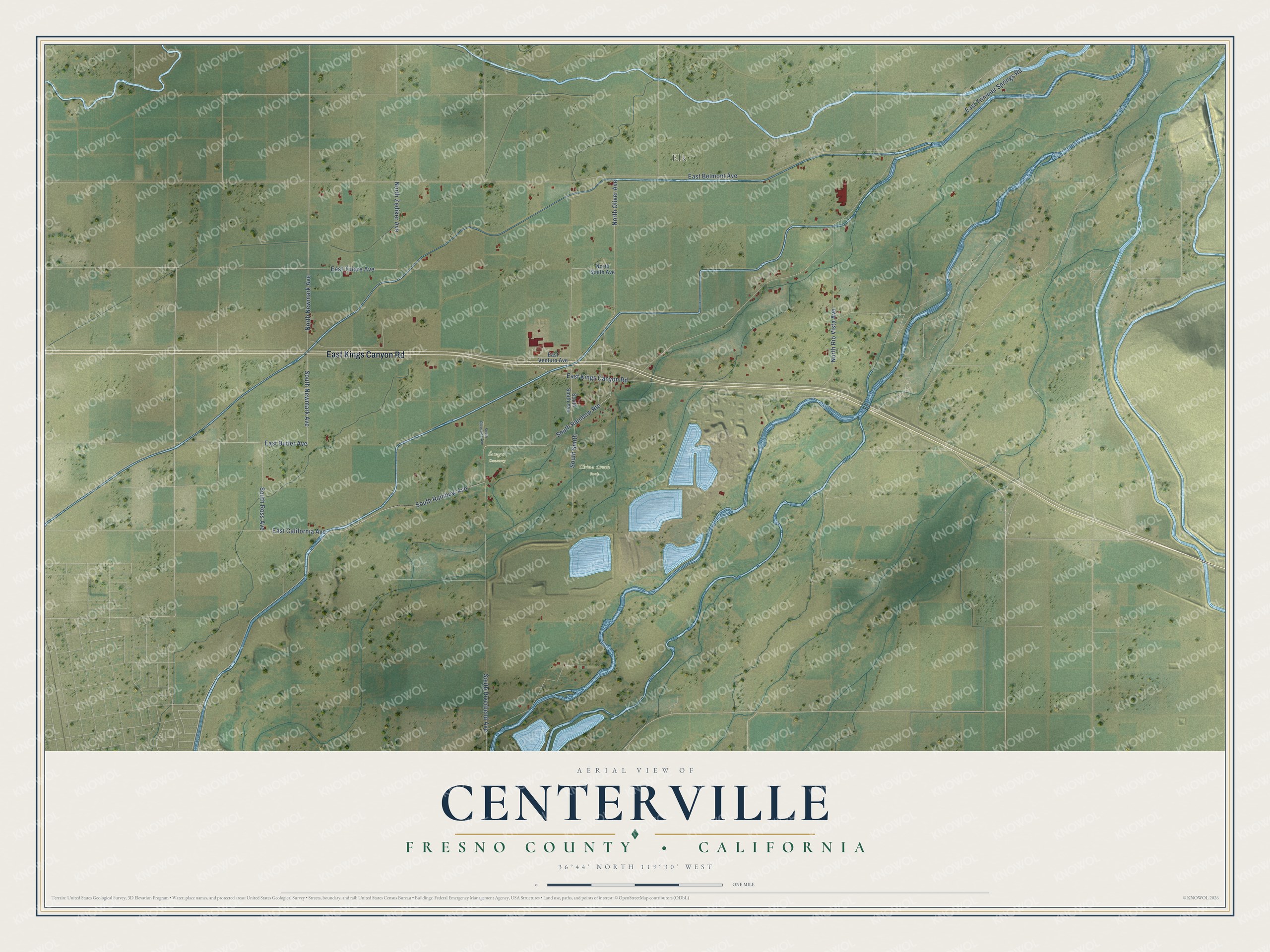 Full map of Centerville, California, with red buildings, printed street names and the land around them