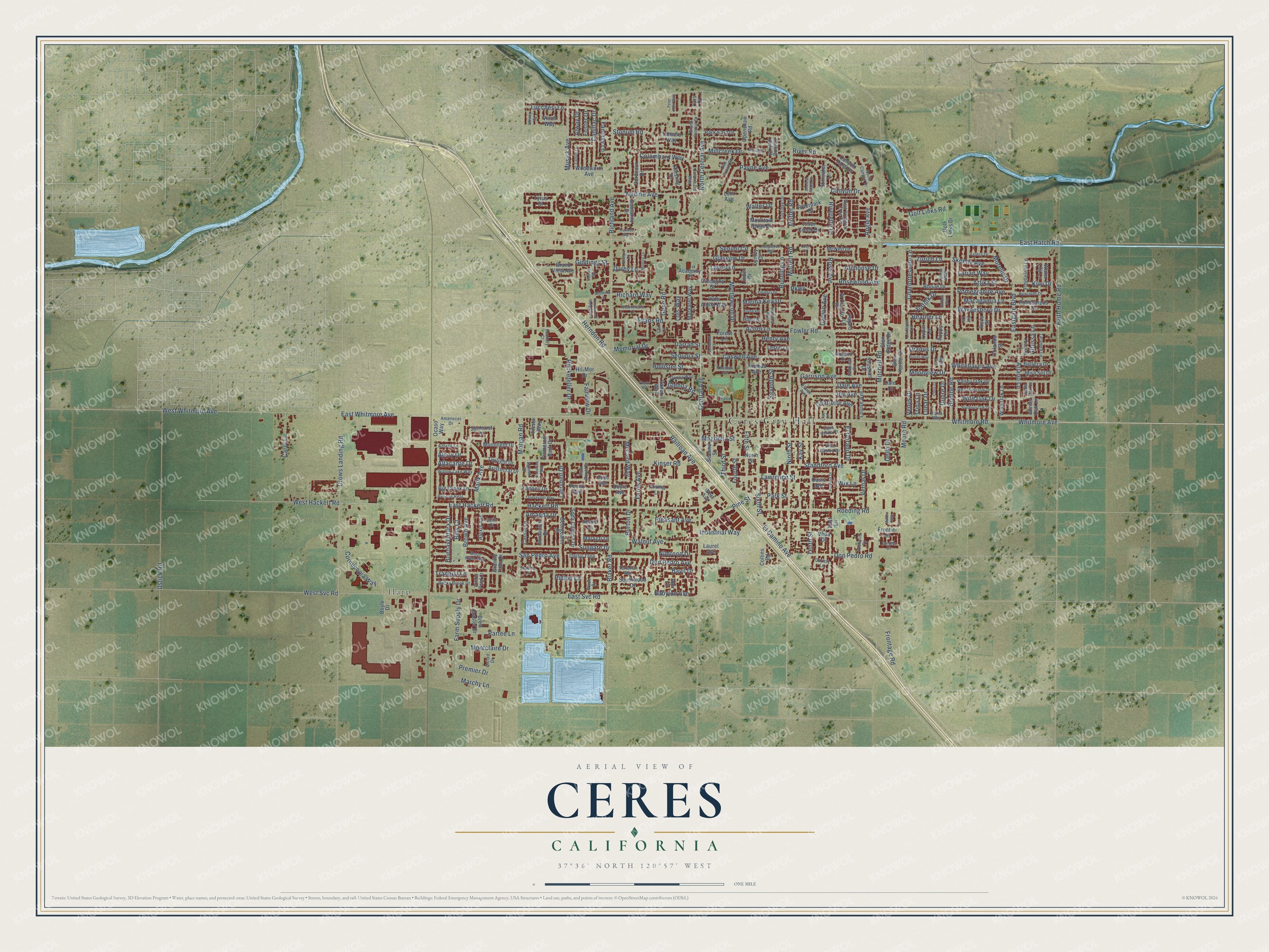 Full map of Ceres, California, with red buildings, printed street names and the land around them