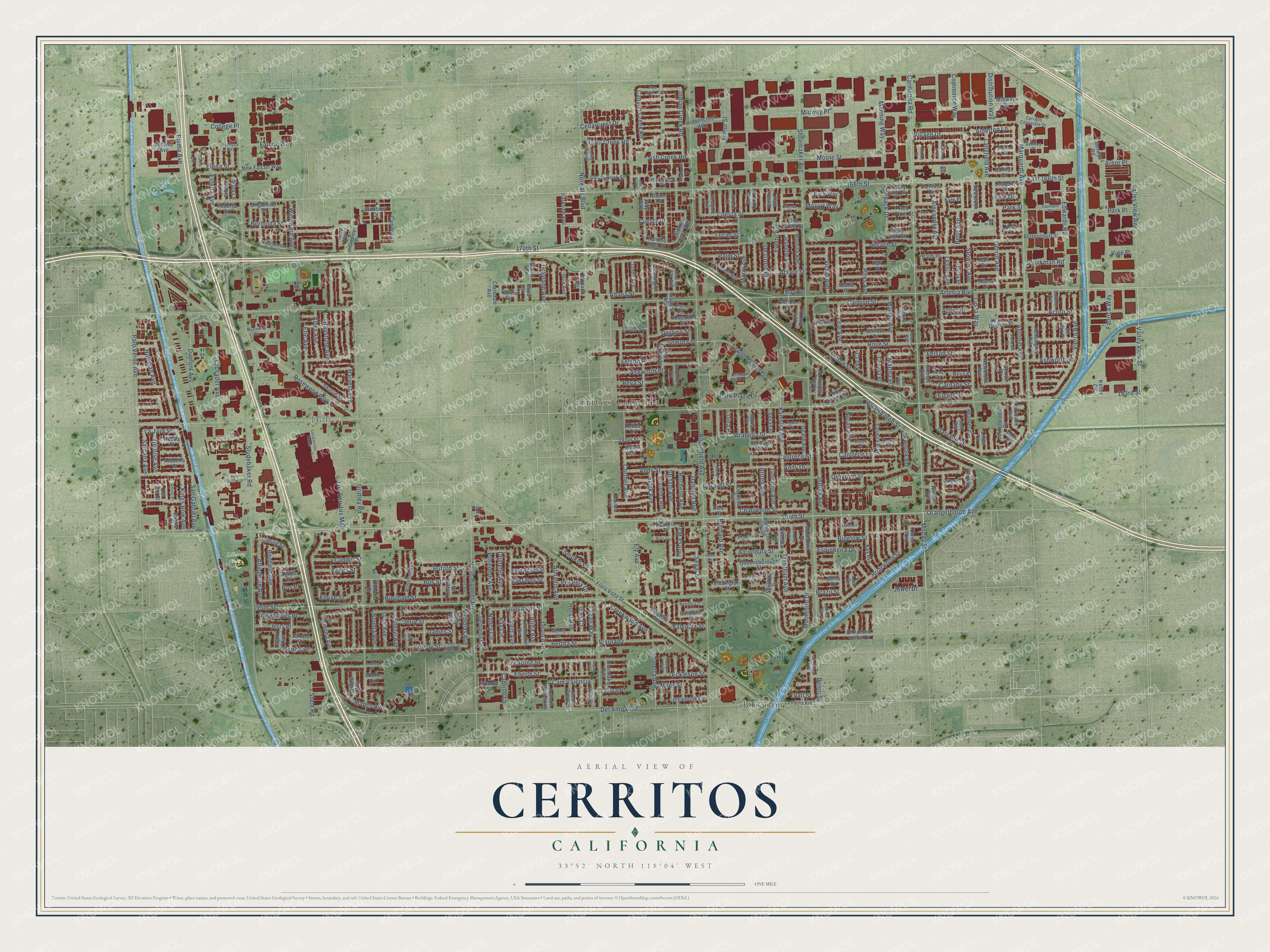Full map of Cerritos, California, with red buildings, printed street names and the land around them