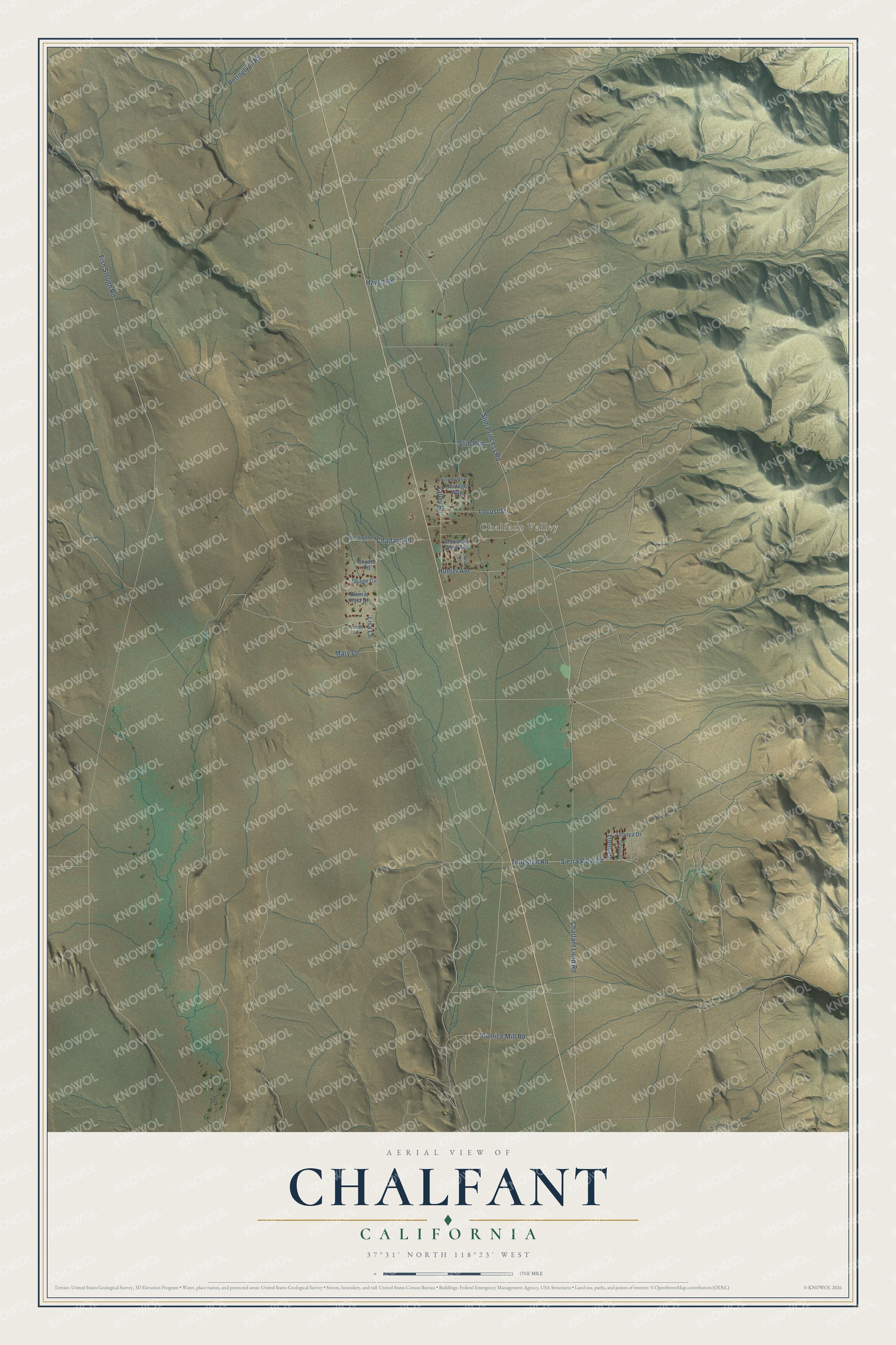 Full map of Chalfant, California, with red buildings, printed street names and the land around them