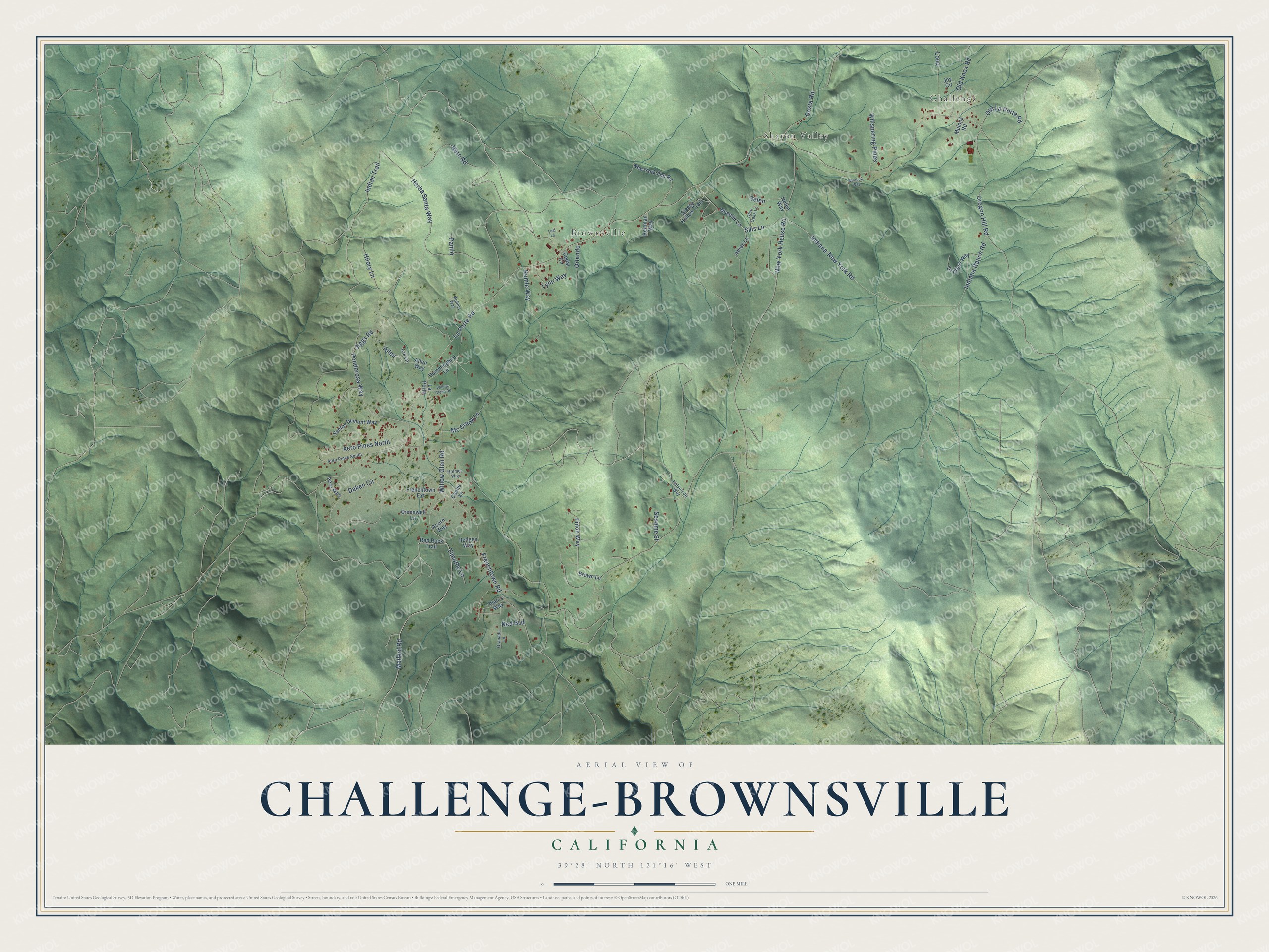 Full map of Challenge-Brownsville, California, with red buildings, printed street names and the land around them