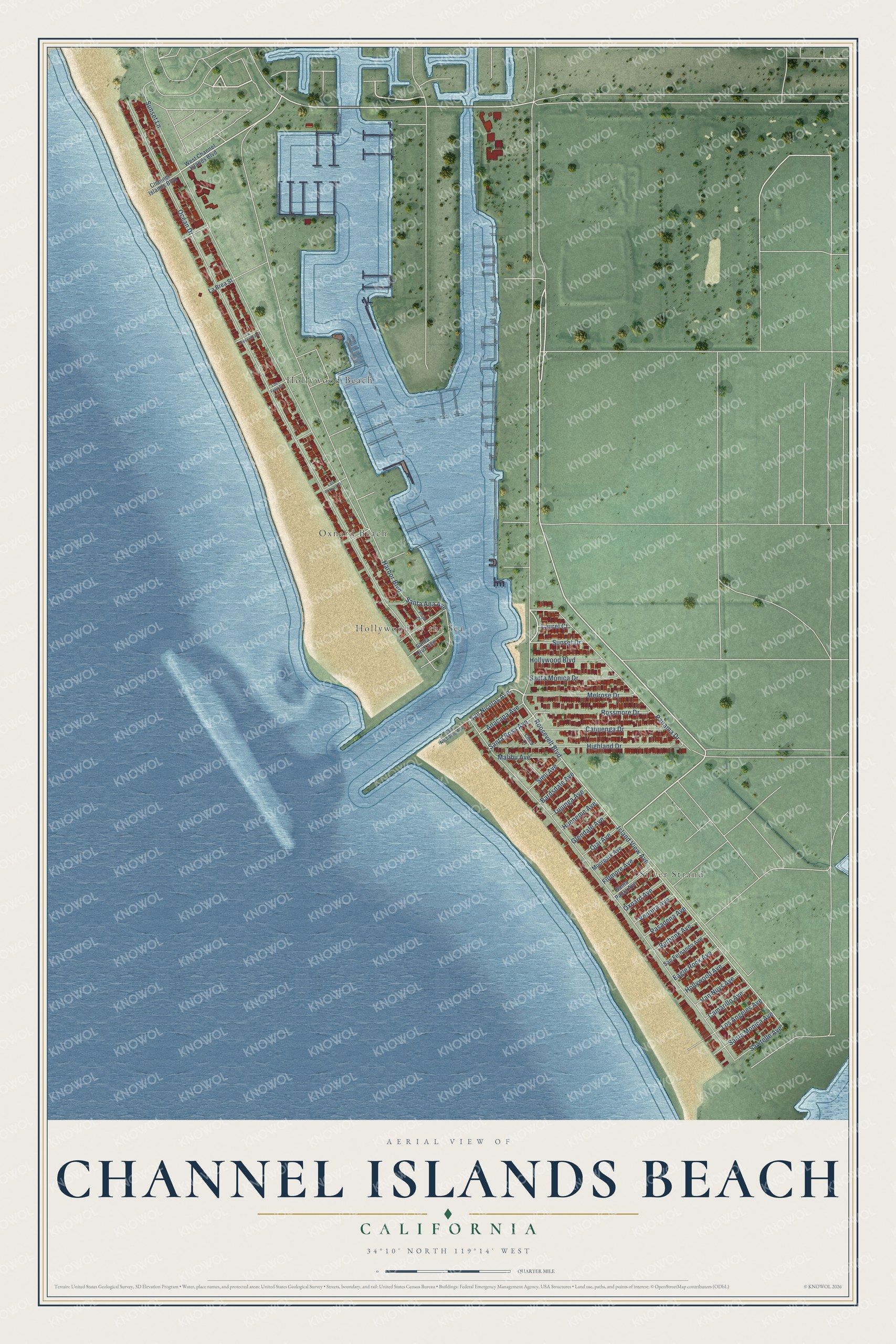 Full map of Channel Islands Beach, California, with red buildings, printed street names and the land around them