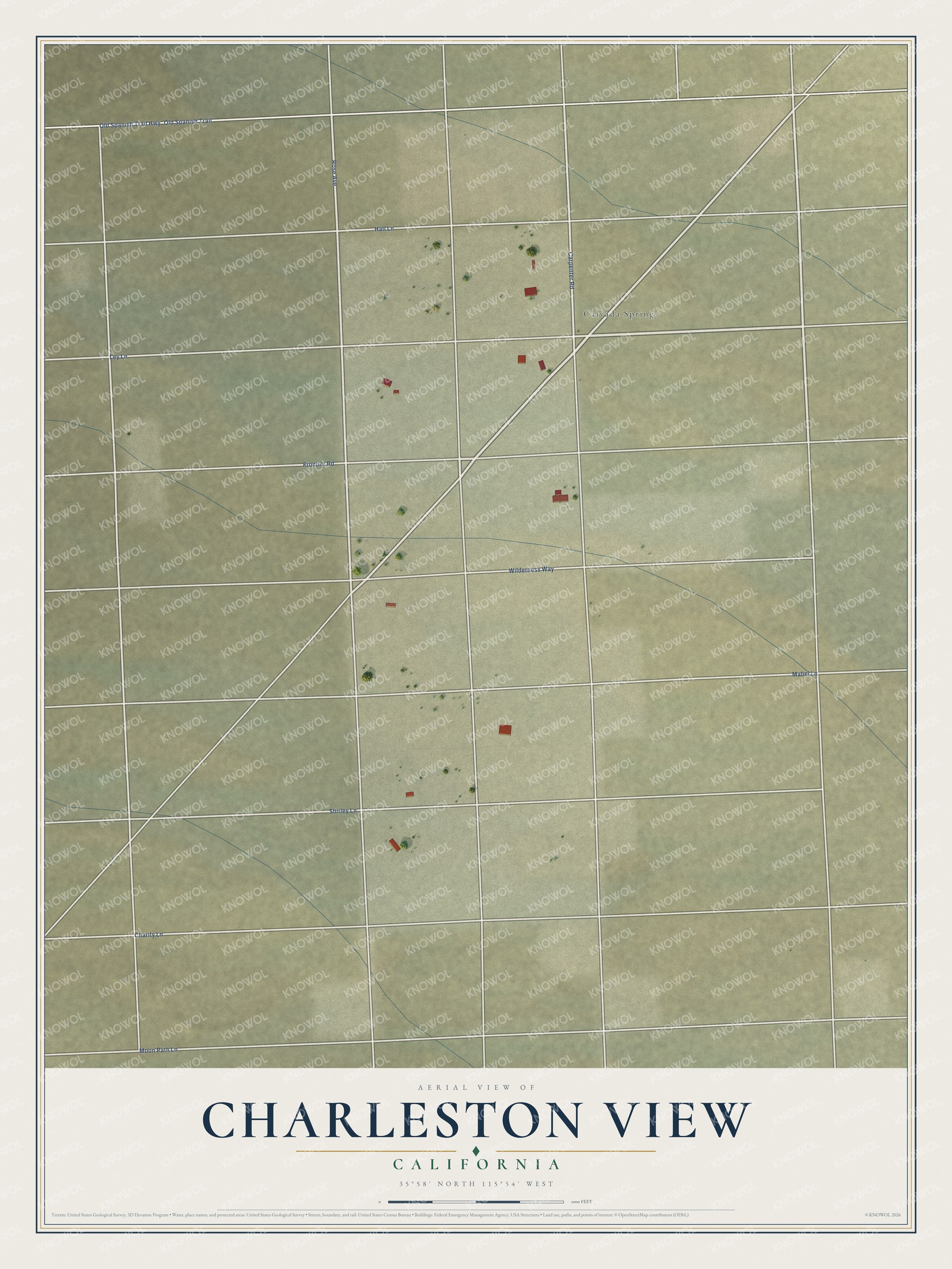 Full map of Charleston View, California, with red buildings, printed street names and the land around them