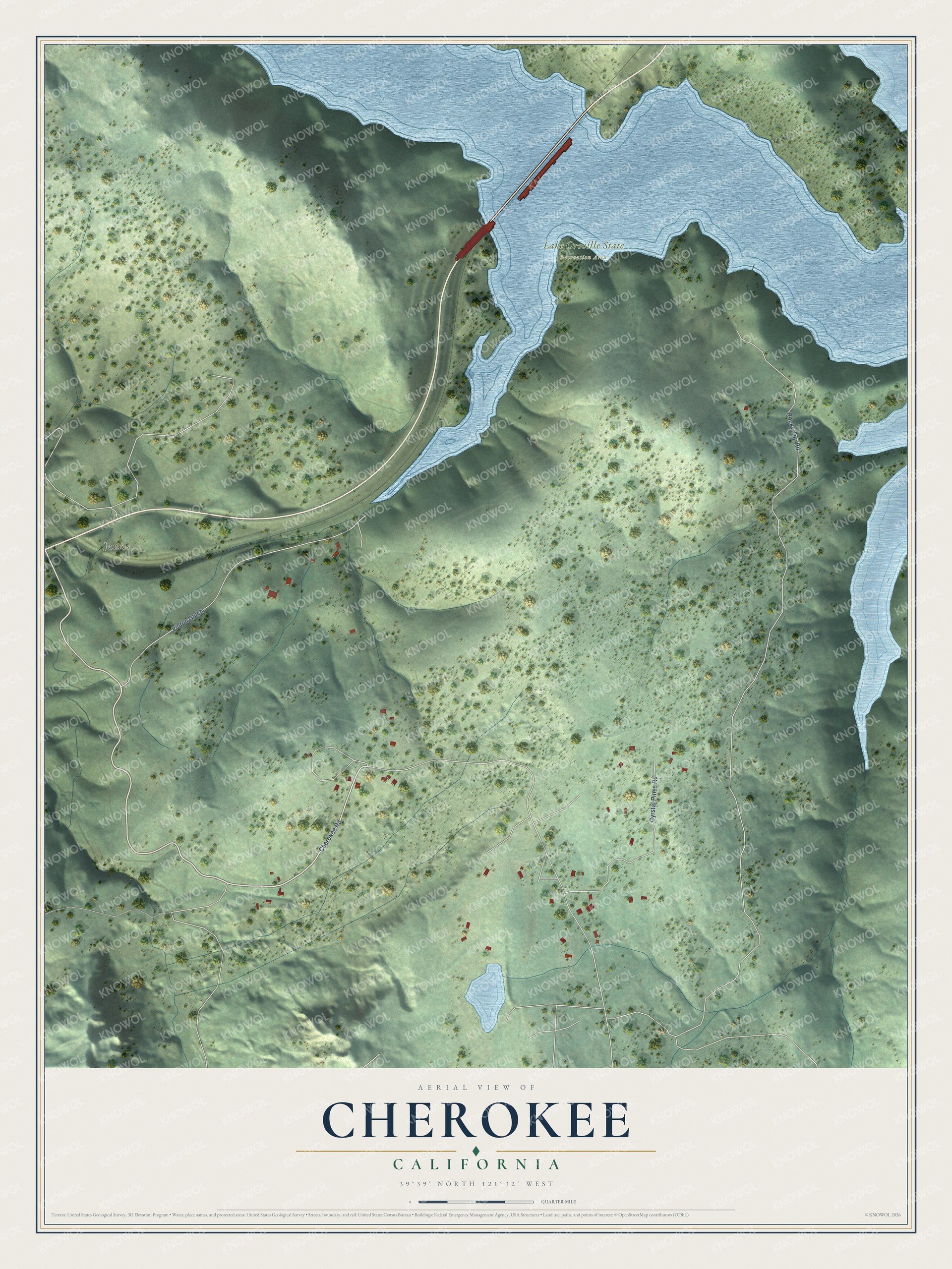 Full map of Cherokee, California, with red buildings, printed street names and the land around them
