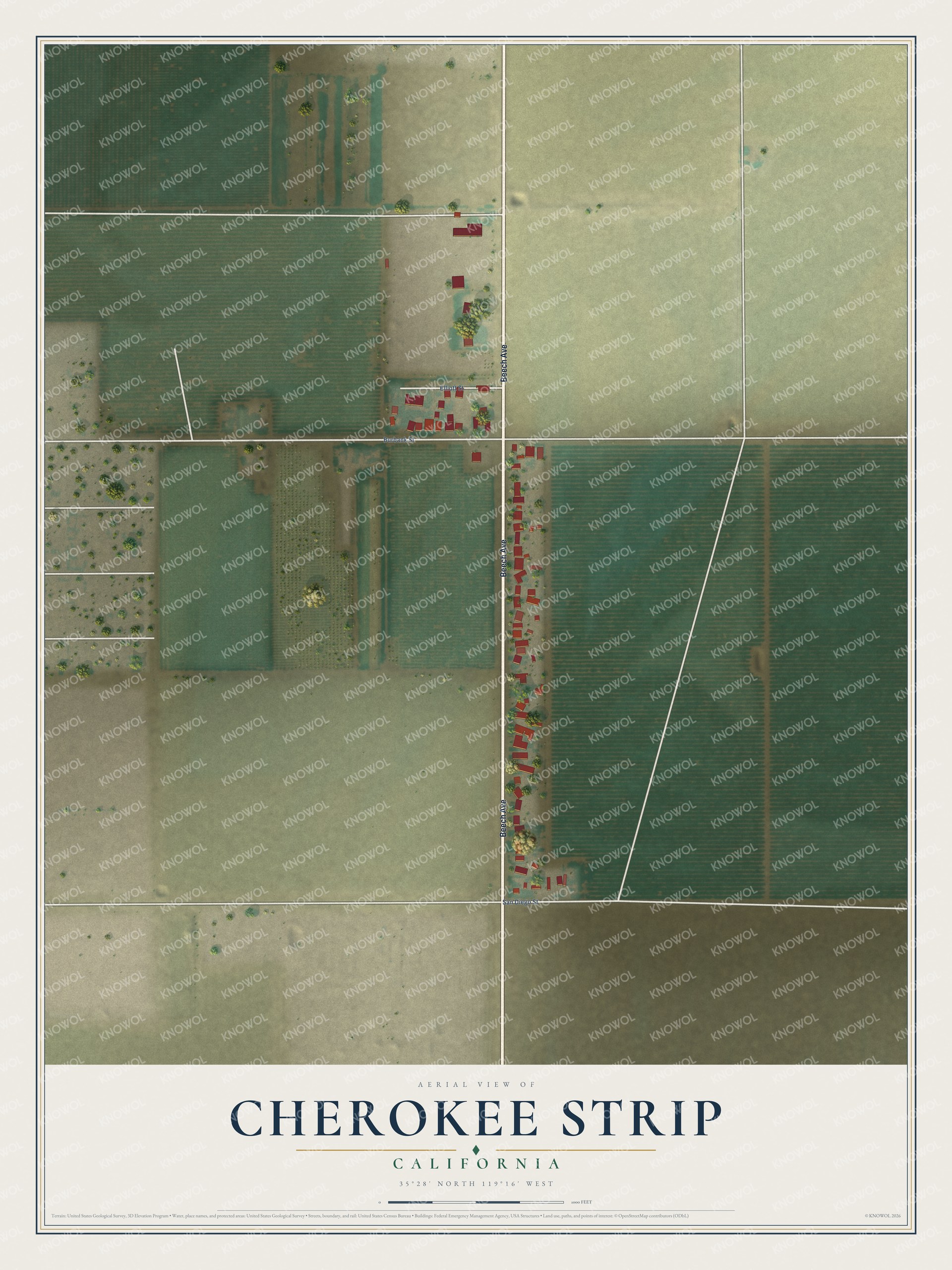 Full map of Cherokee Strip, California, with red buildings, printed street names and the land around them