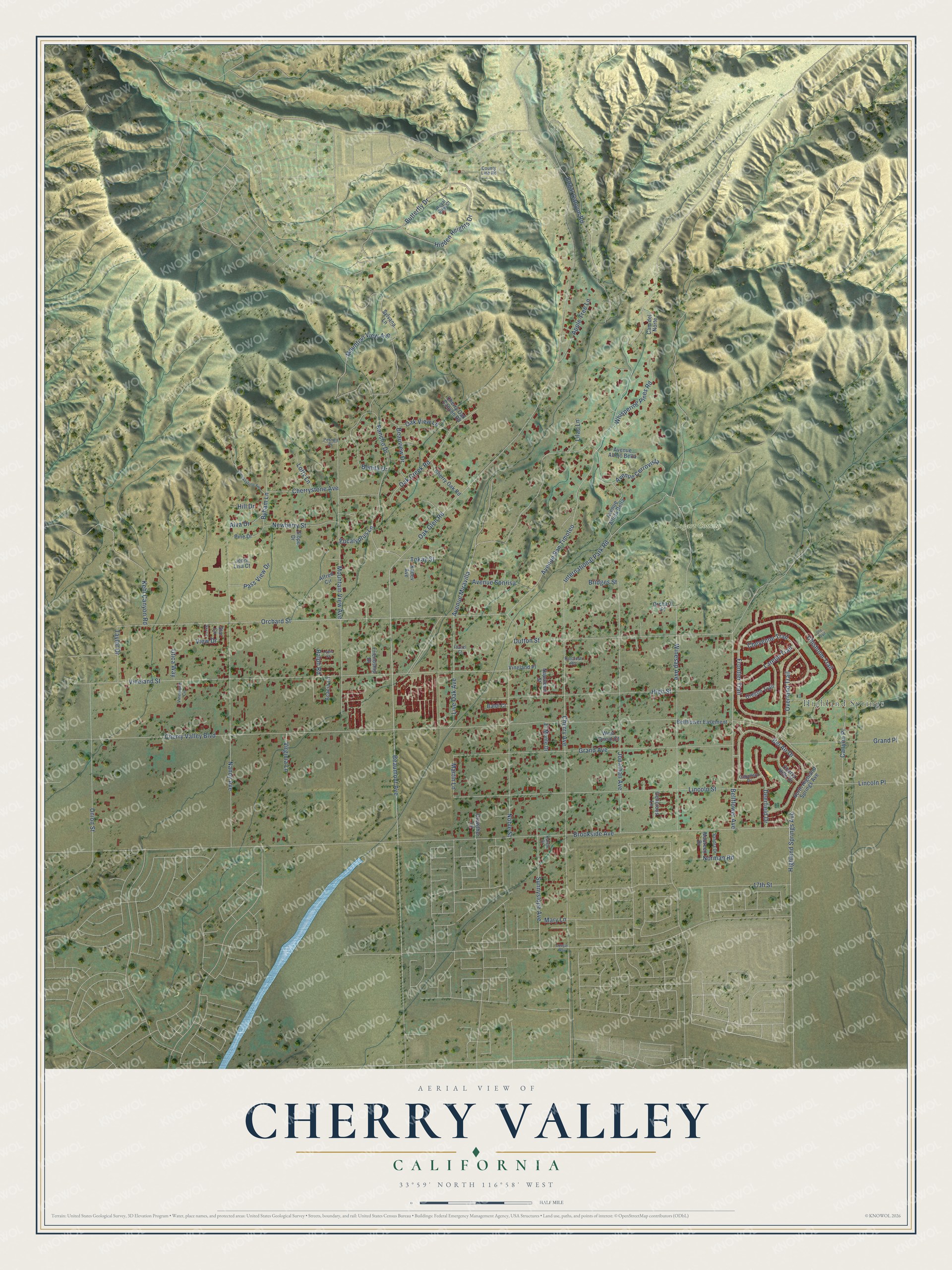 Full map of Cherry Valley, California, with red buildings, printed street names and the land around them