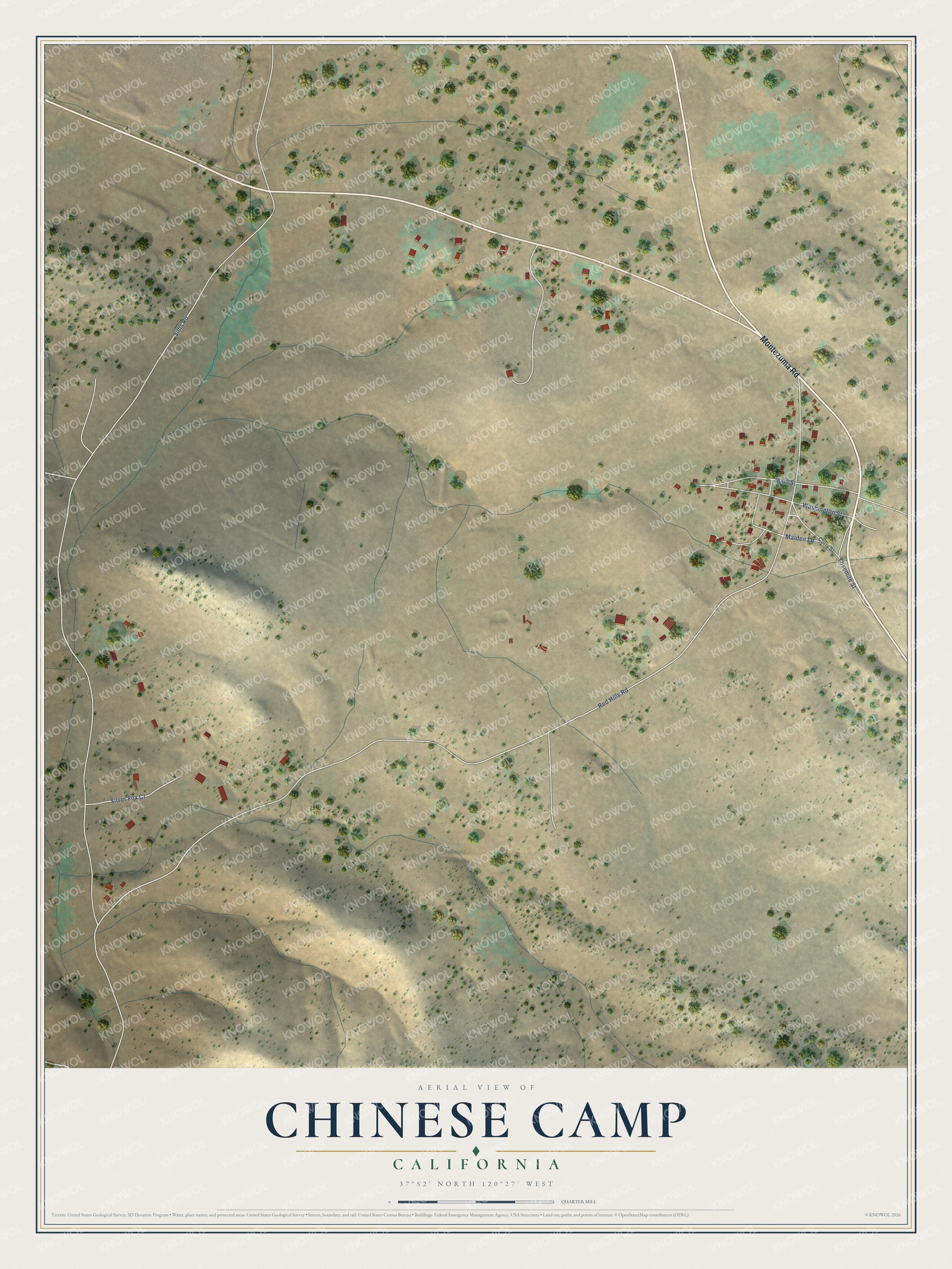 Full map of Chinese Camp, California, with red buildings, printed street names and the land around them