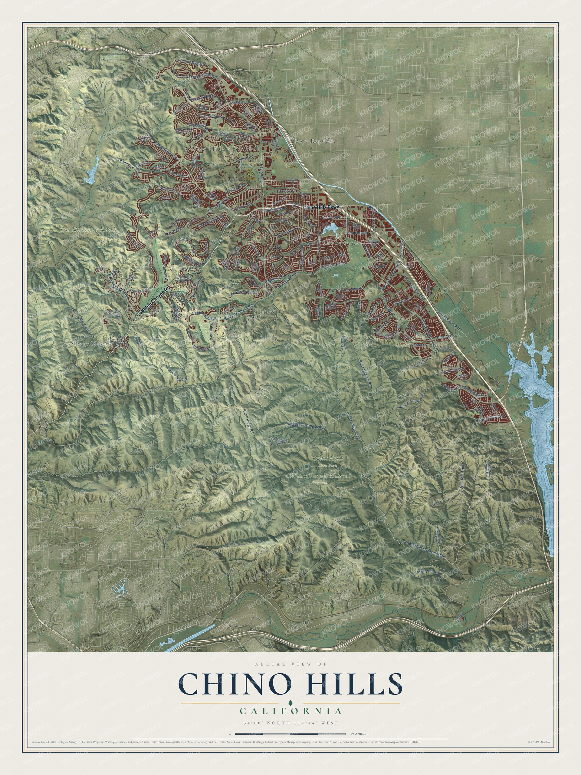 Full map of Chino Hills, California, with red buildings, printed street names and the land around them
