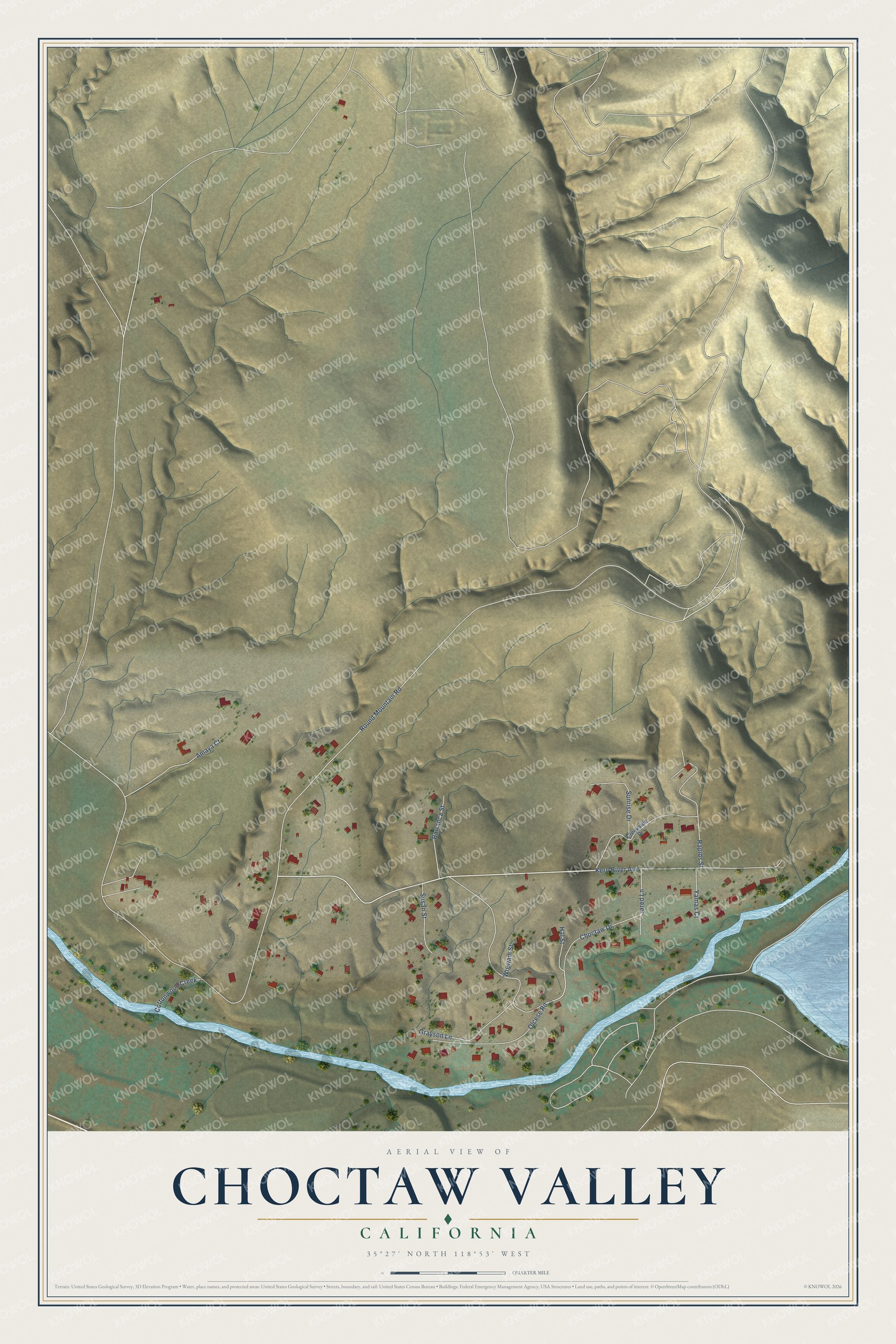 Full map of Choctaw Valley, California, with red buildings, printed street names and the land around them