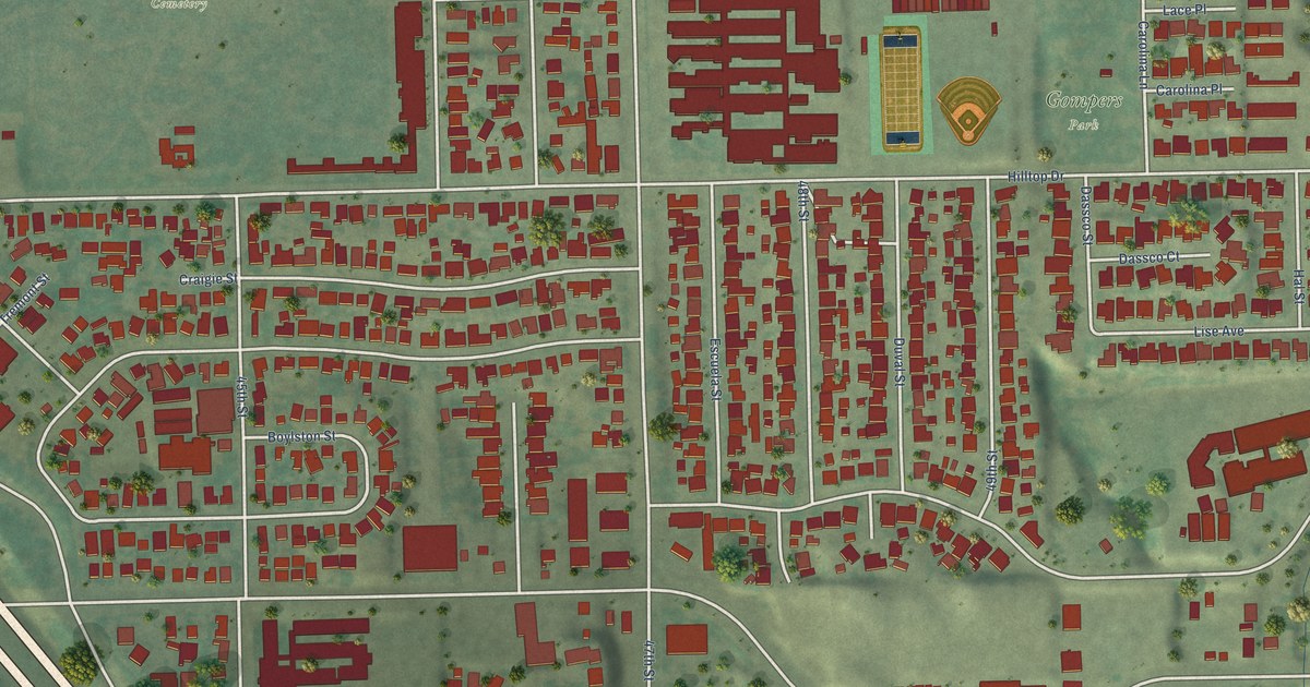 Close-up of streets and buildings in Chollas View, California