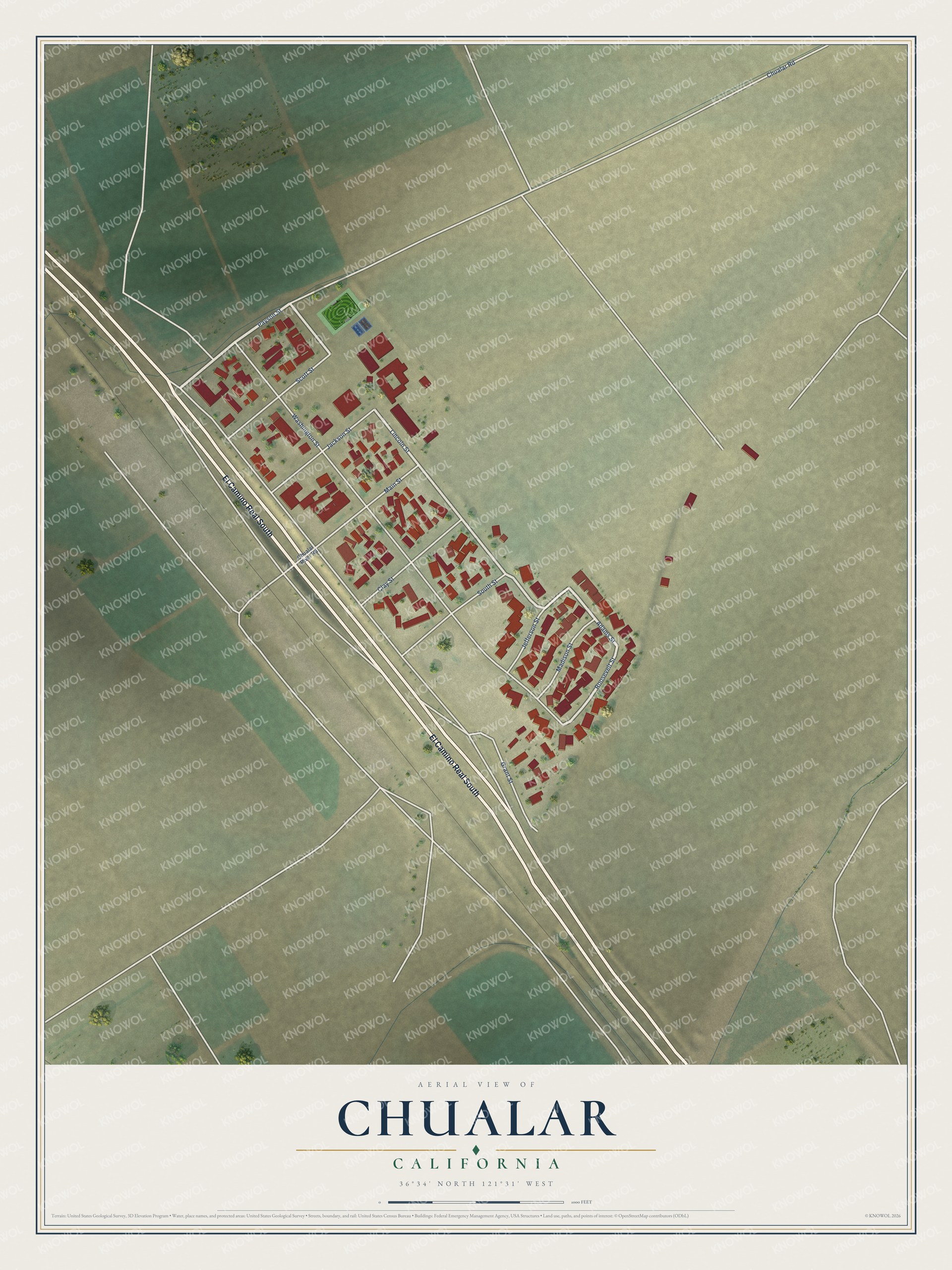 Full map of Chualar, California, with red buildings, printed street names and the land around them