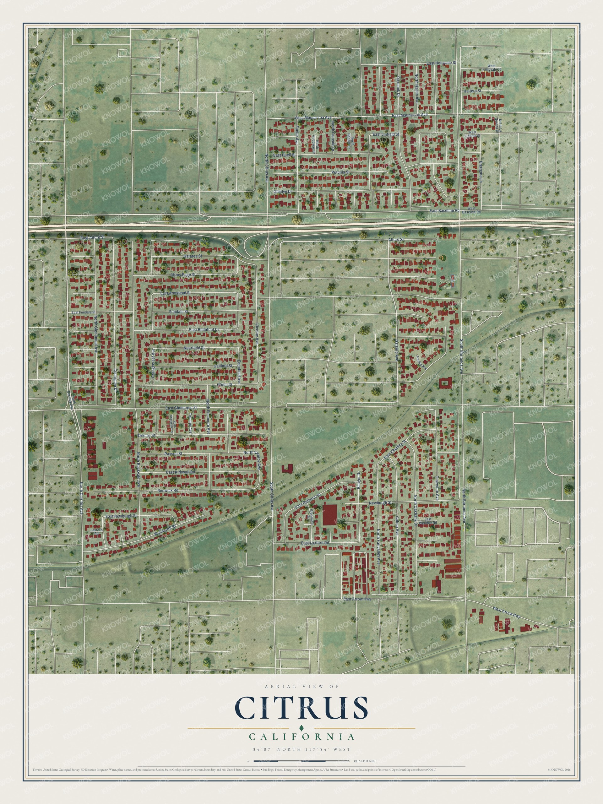 Full map of Citrus, California, with red buildings, printed street names and the land around them