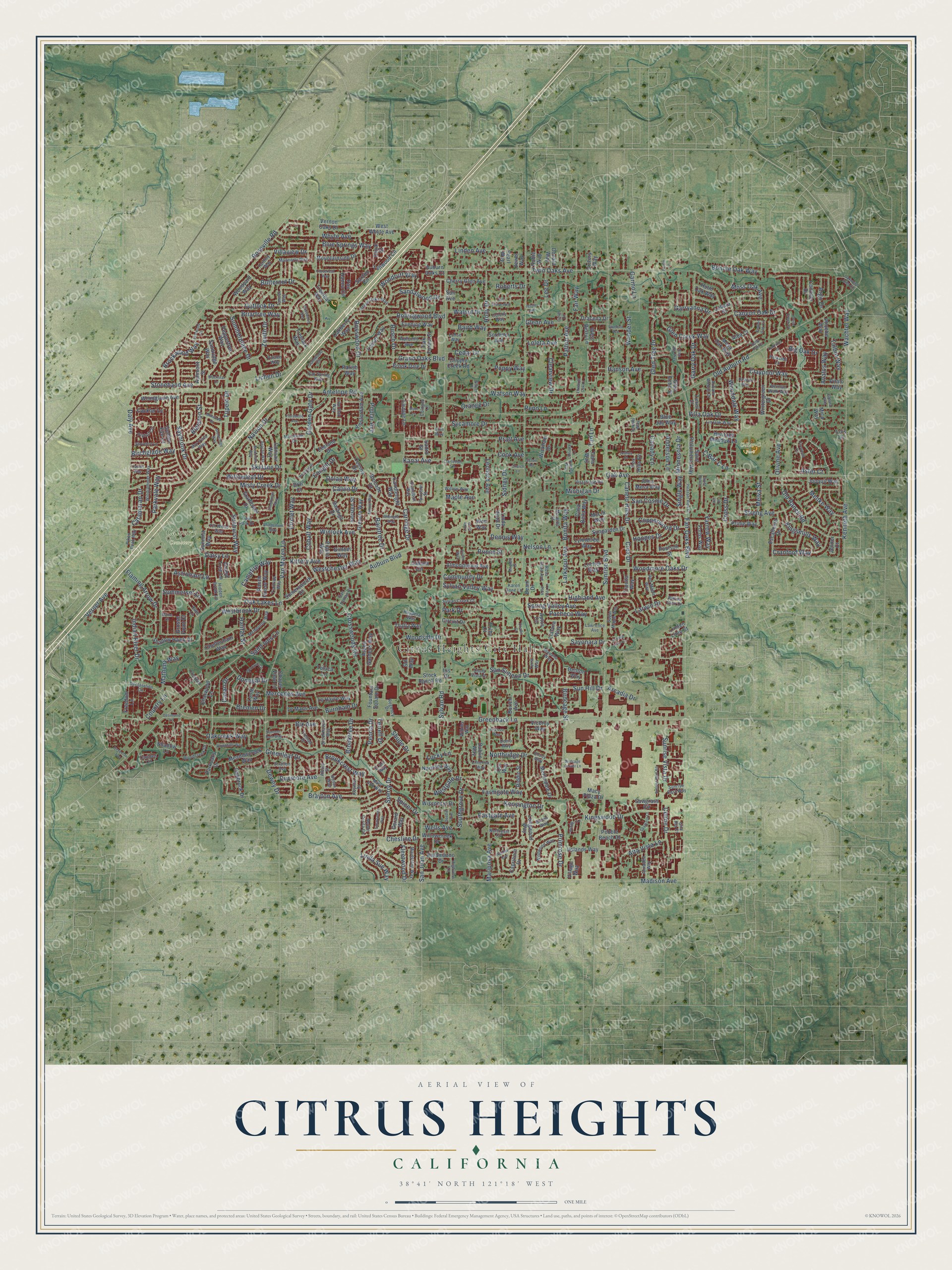 Full map of Citrus Heights, California, with red buildings, printed street names and the land around them