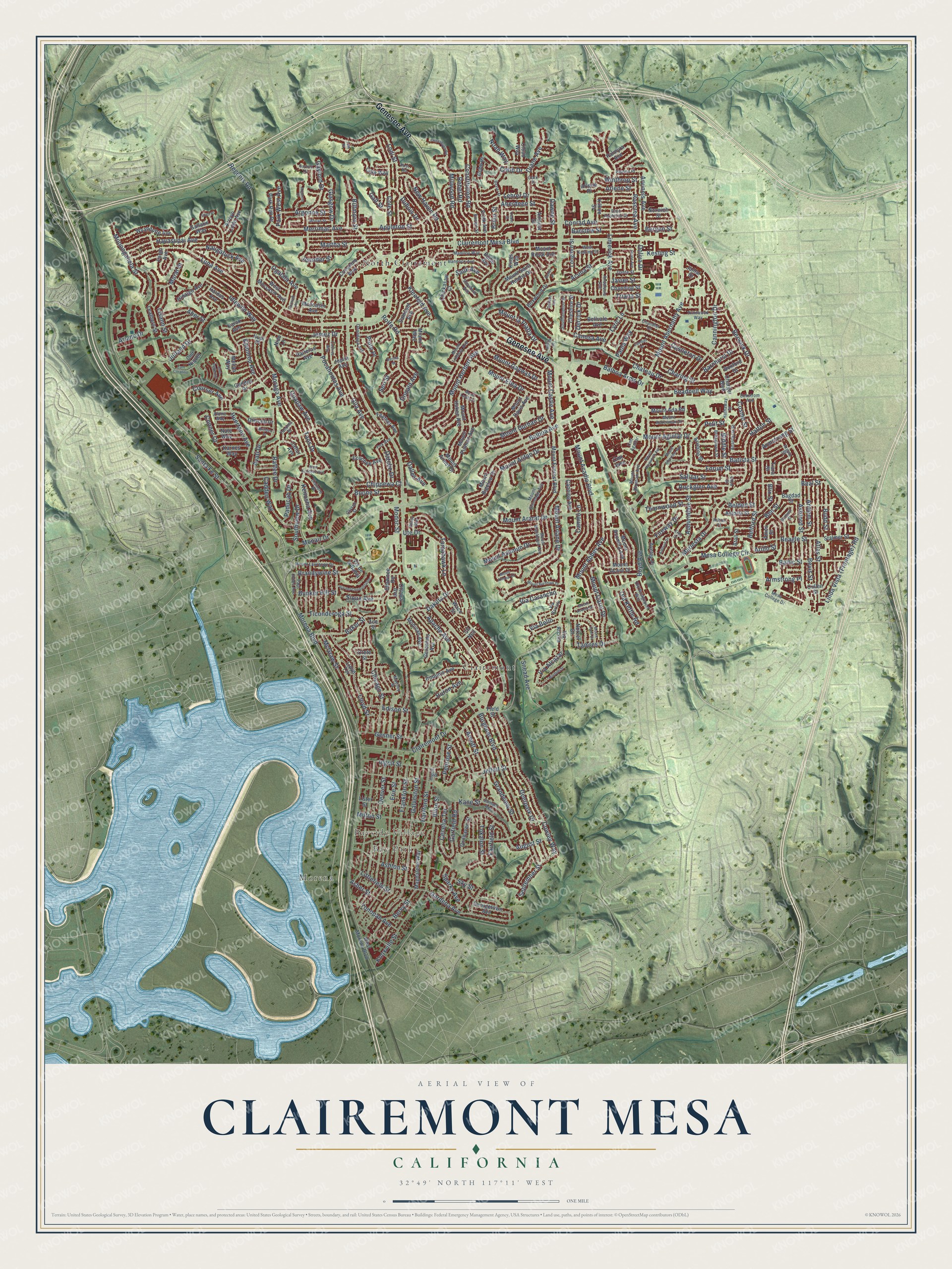Full map of Clairemont Mesa, California, with red buildings, printed street names and the land around them