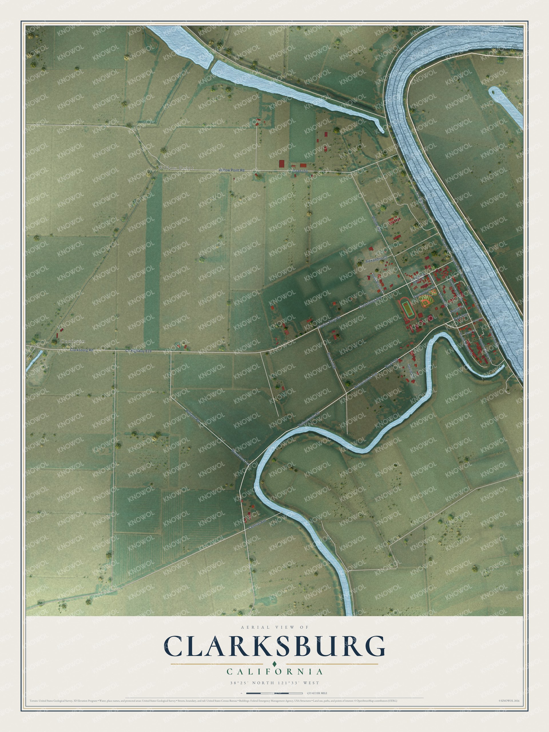 Full map of Clarksburg, California, with red buildings, printed street names and the land around them