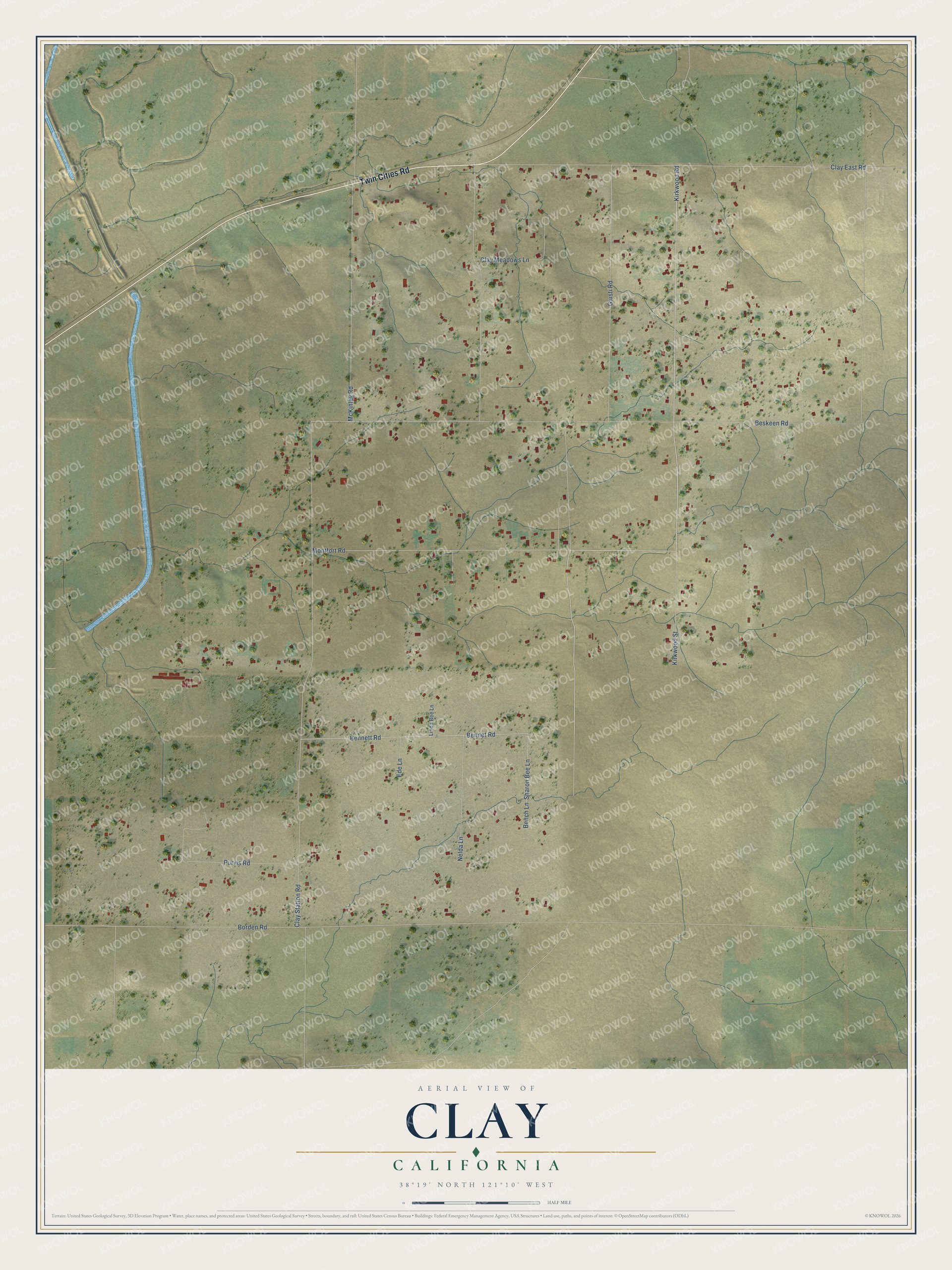 Full map of Clay, California, with red buildings, printed street names and the land around them