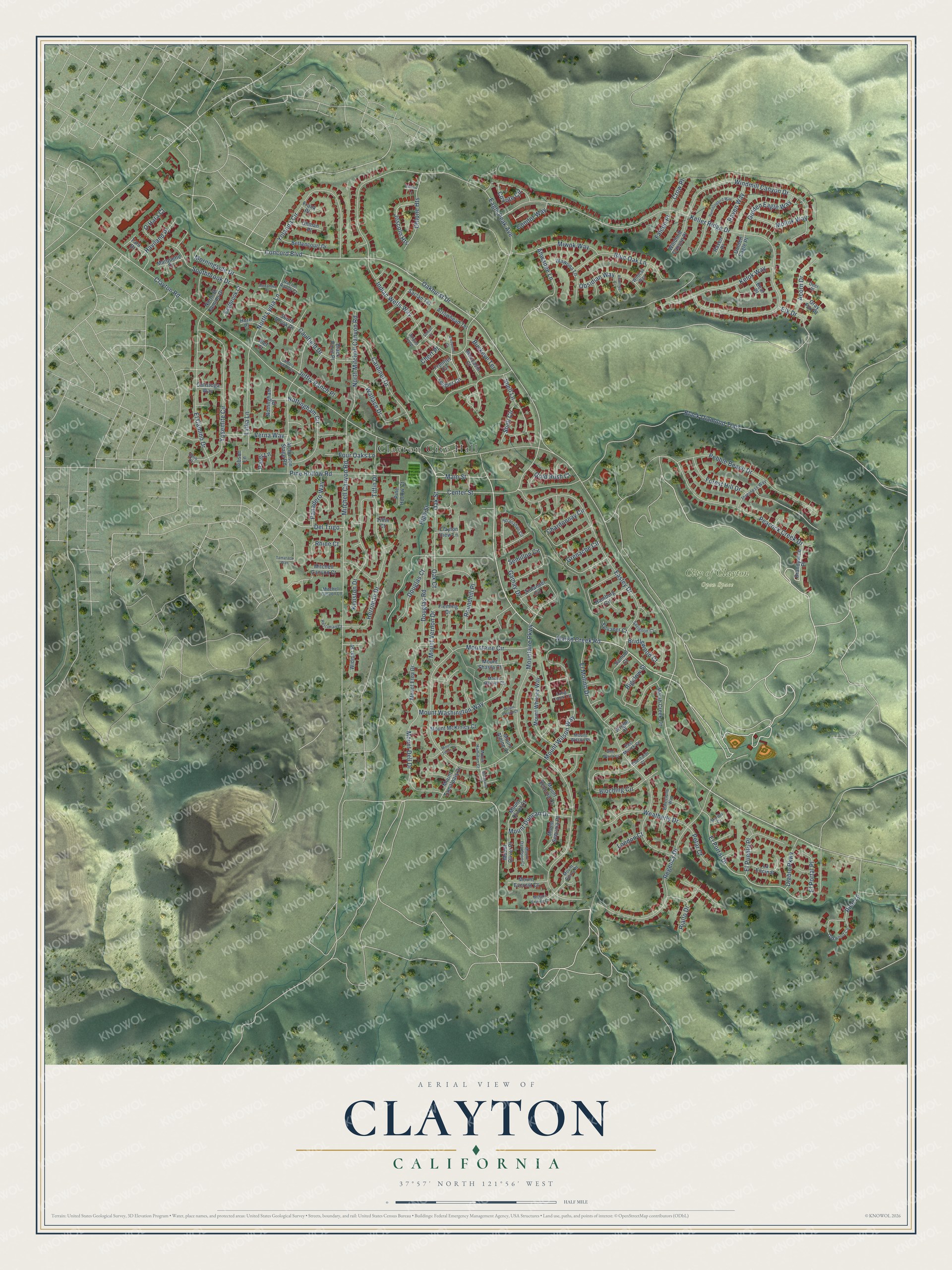 Full map of Clayton, California, with red buildings, printed street names and the land around them