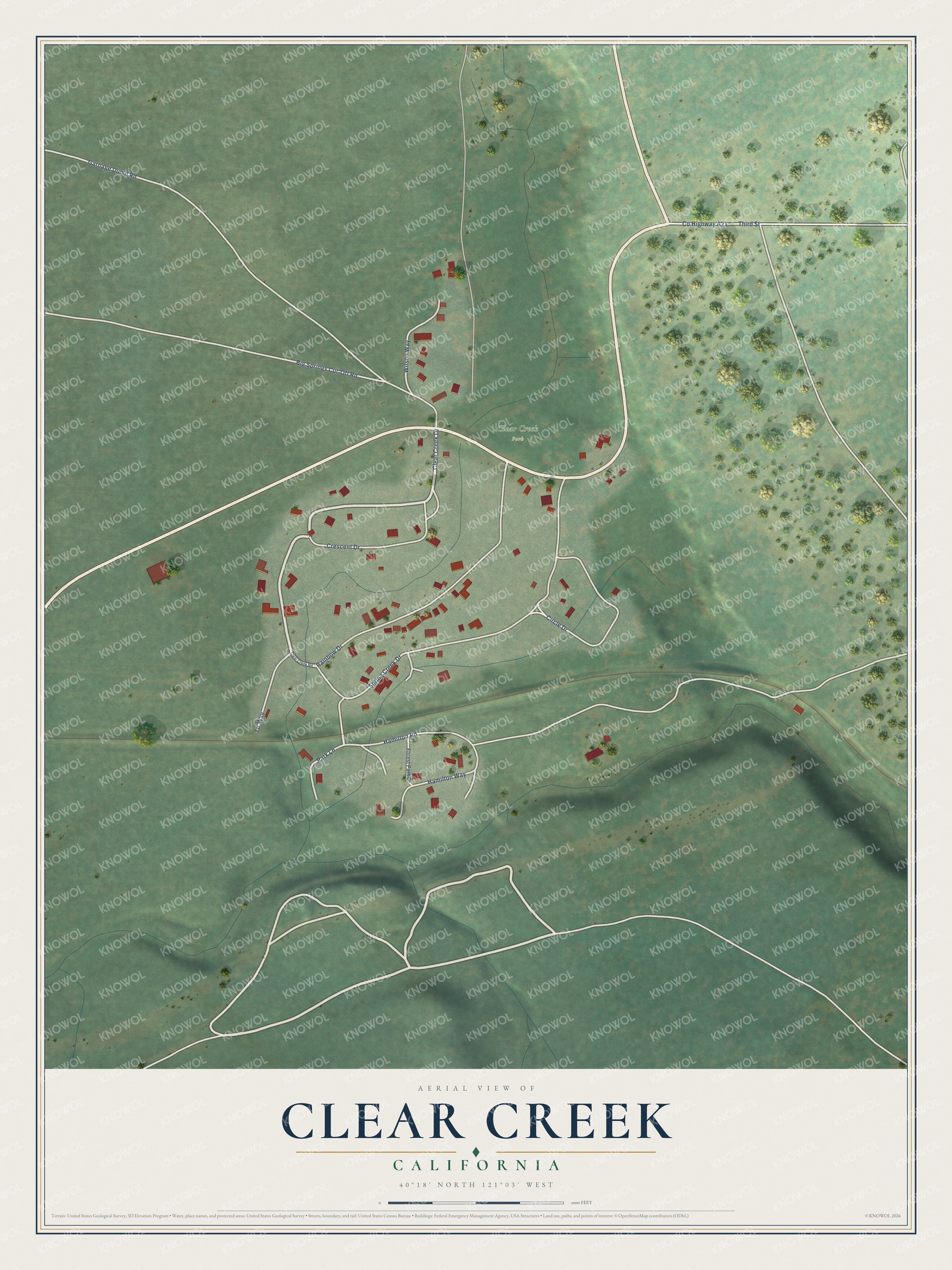 Full map of Clear Creek, California, with red buildings, printed street names and the land around them