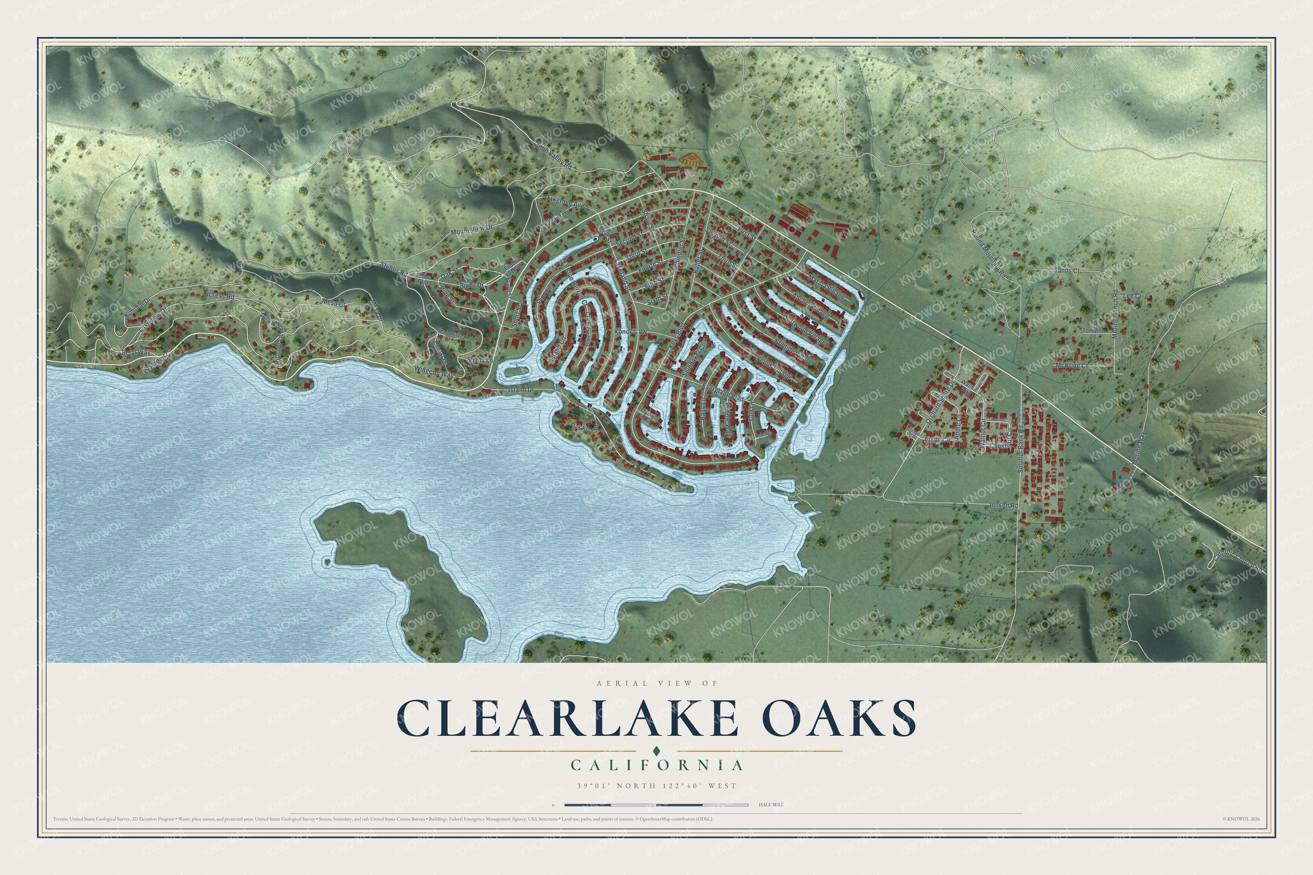 Full map of Clearlake Oaks, California, with red buildings, printed street names and the land around them