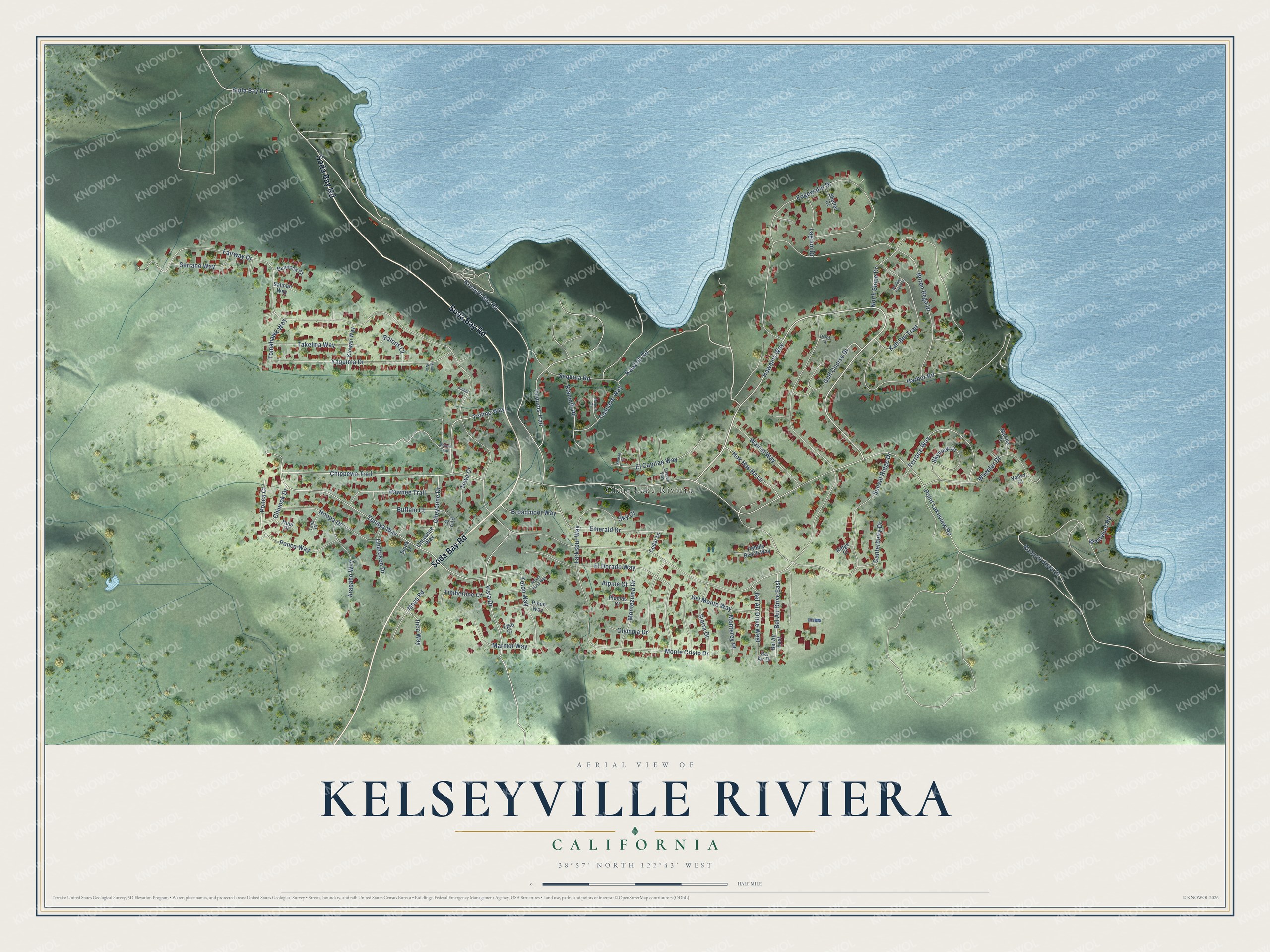 Full map of Kelseyville Riviera, California, with red buildings, printed street names and the land around them