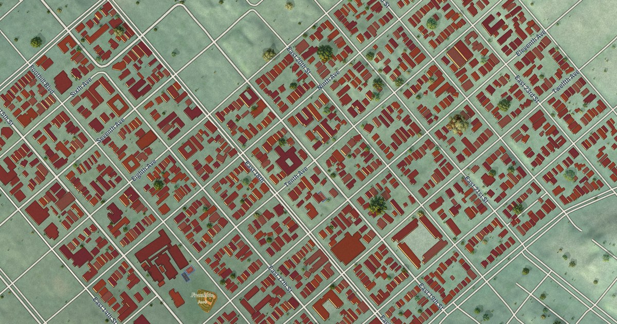 Close-up of streets and buildings in Clinton, California