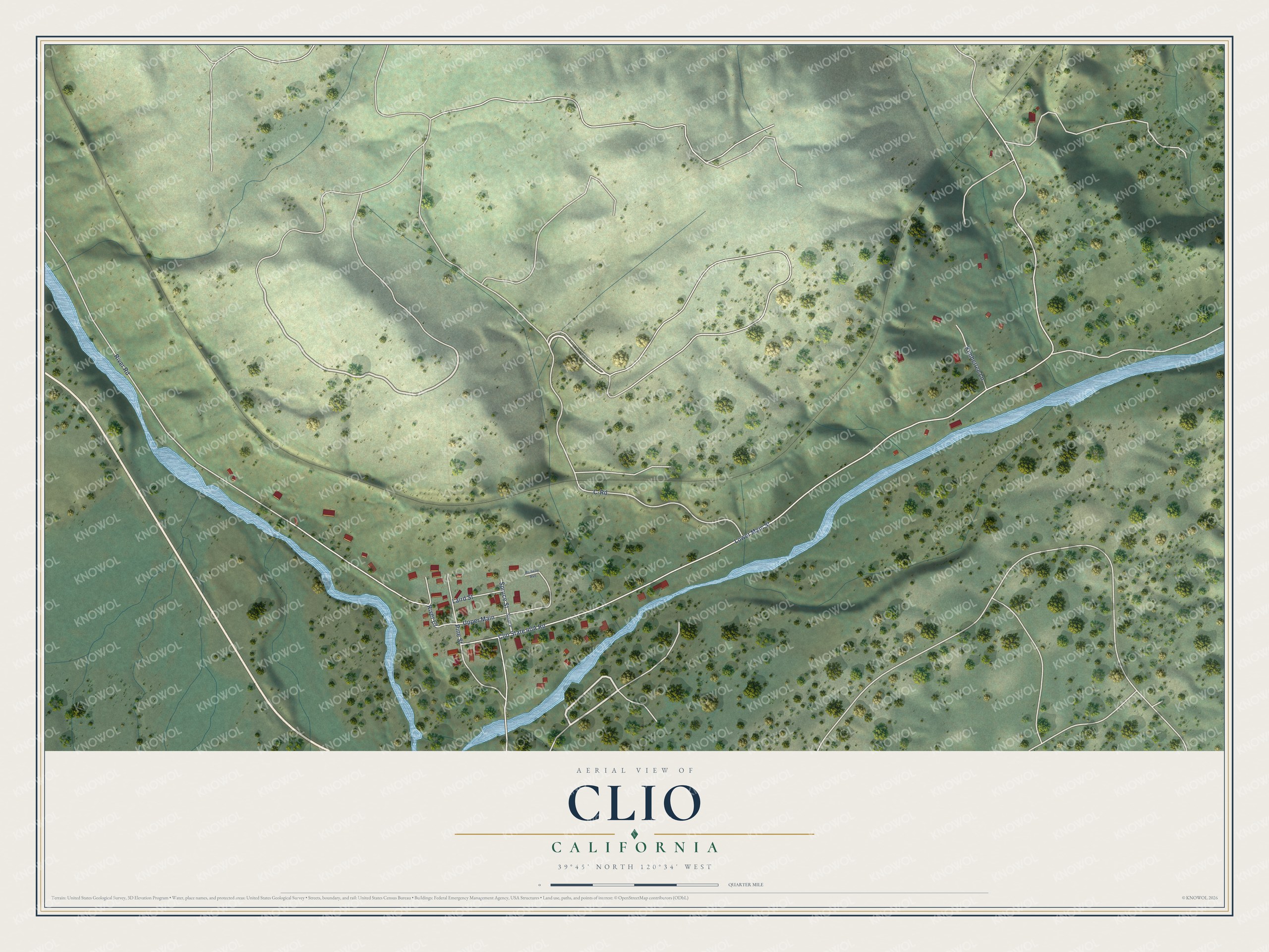 Full map of Clio, California, with red buildings, printed street names and the land around them