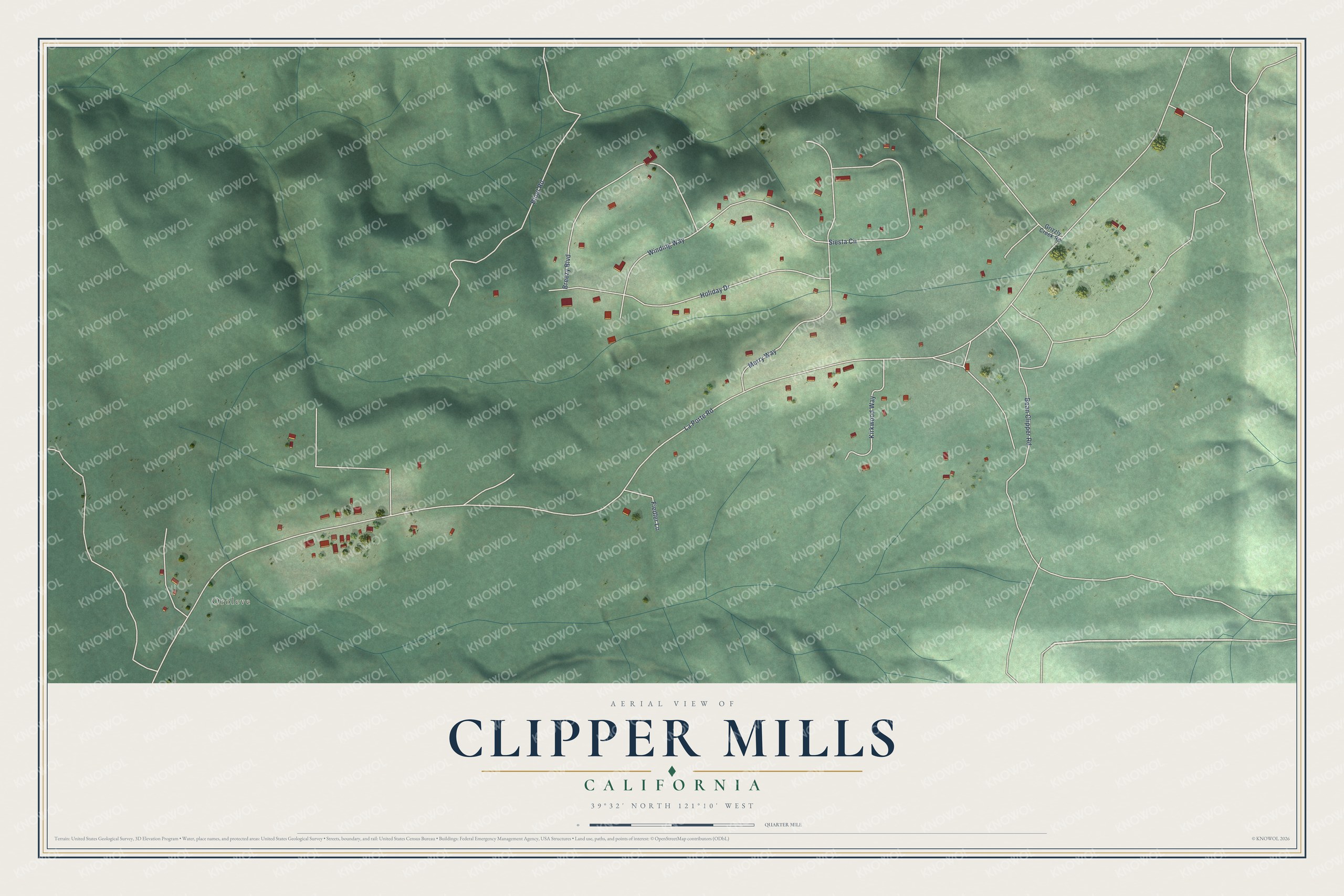Full map of Clipper Mills, California, with red buildings, printed street names and the land around them