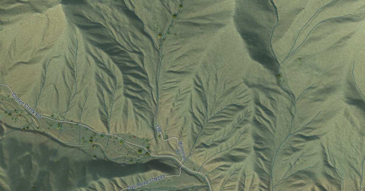 Close-up of streets and buildings in Coffee, California