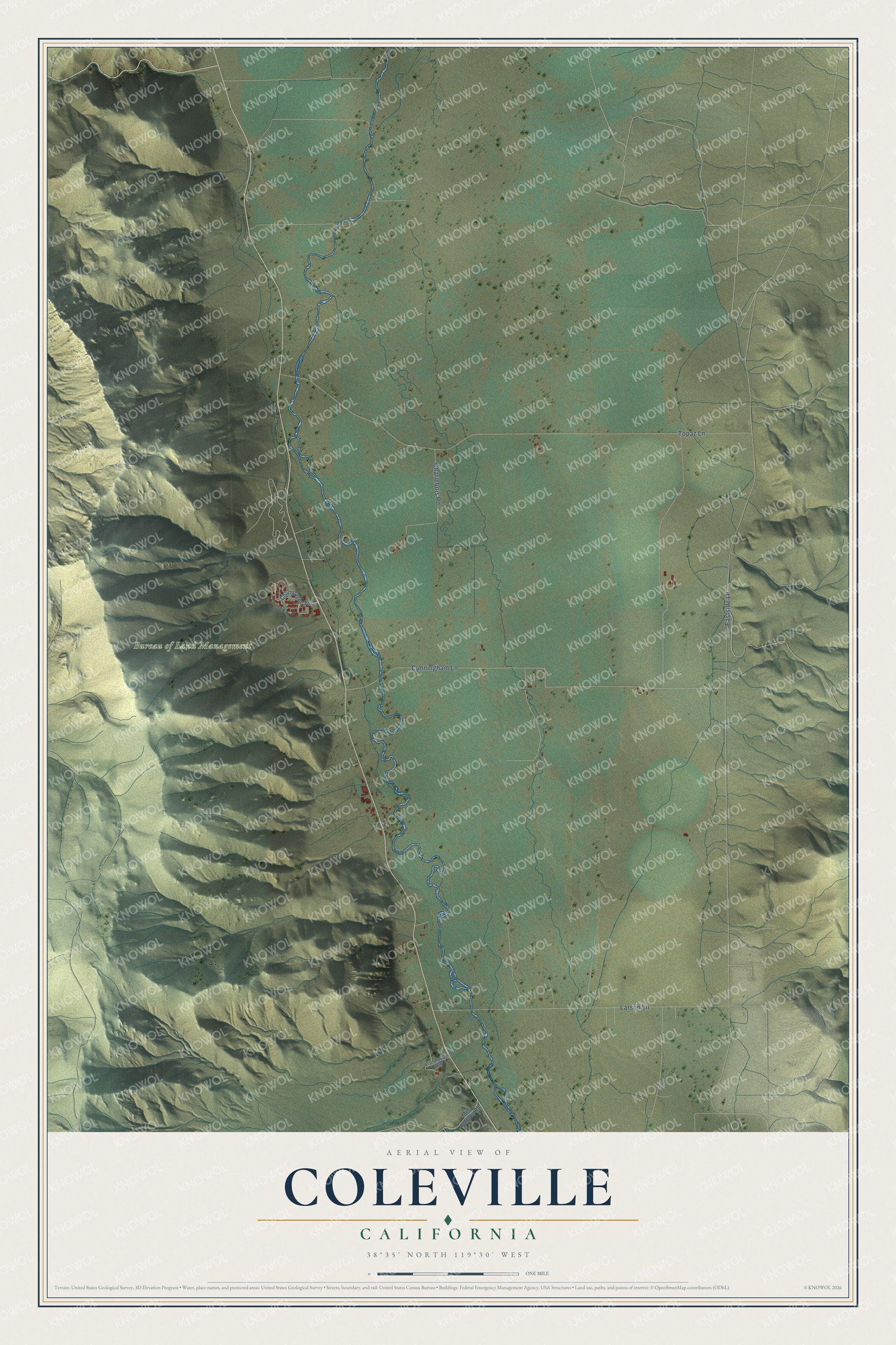Full map of Coleville, California, with red buildings, printed street names and the land around them