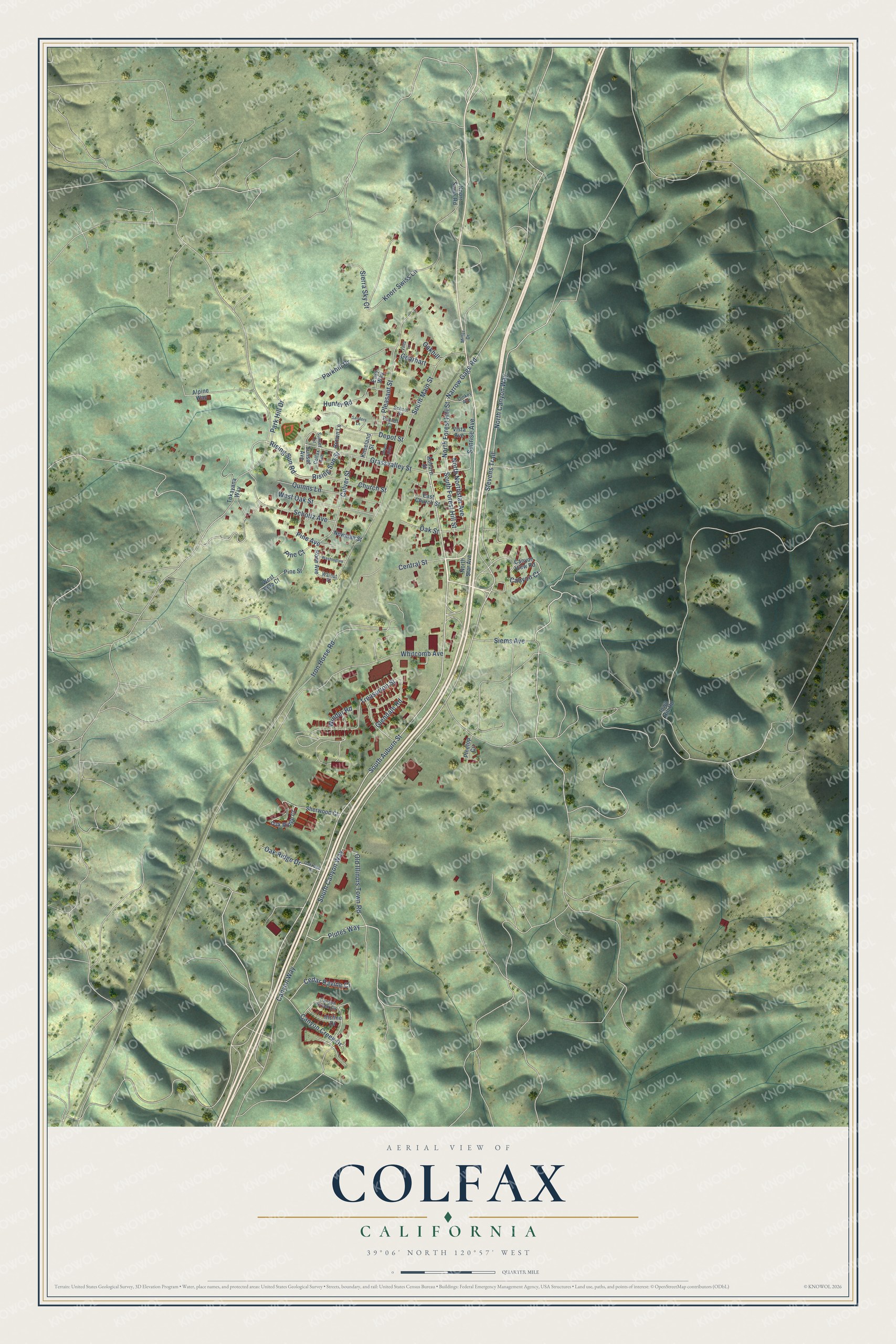 Full map of Colfax, California, with red buildings, printed street names and the land around them