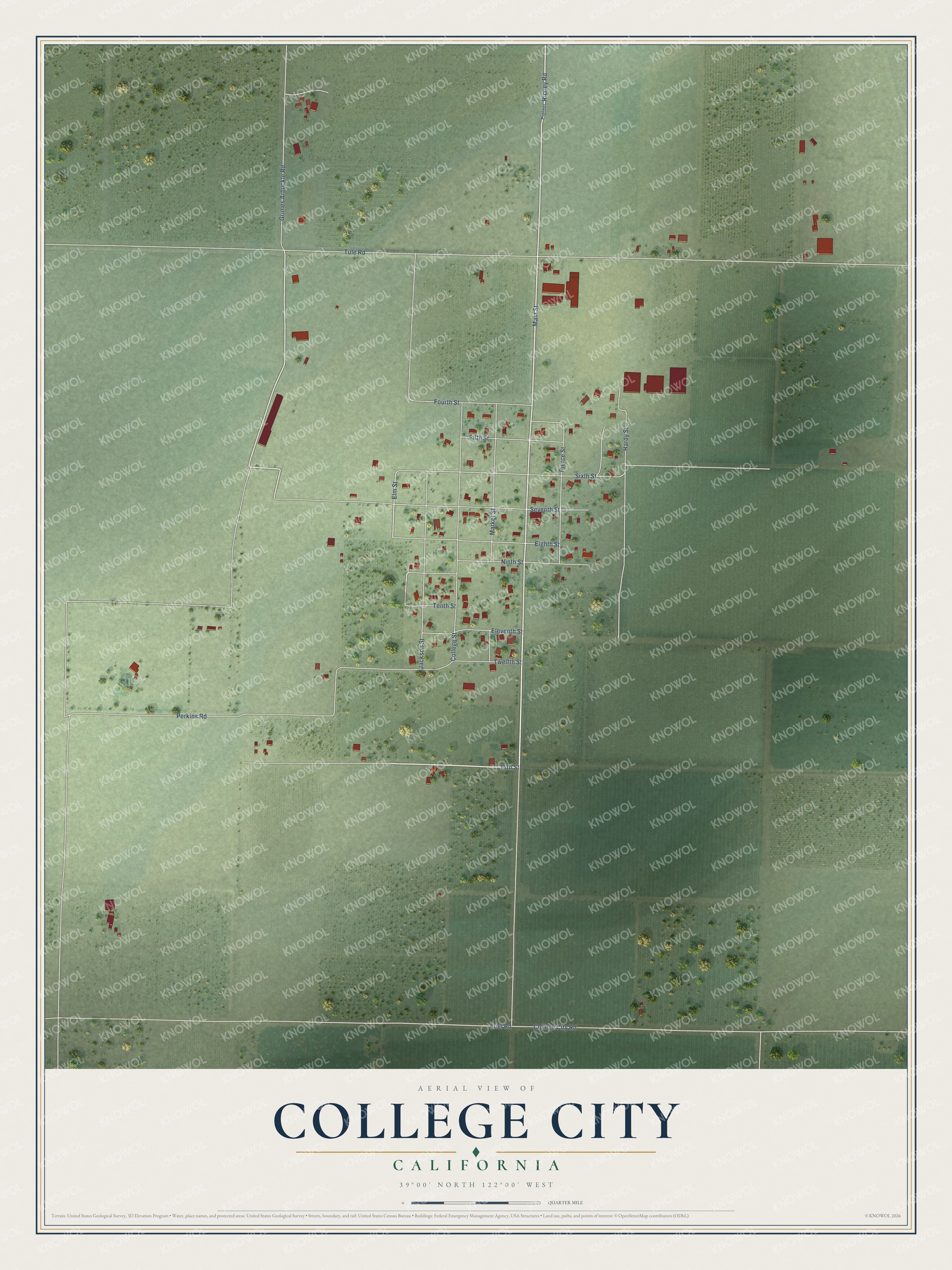 Full map of College City, California, with red buildings, printed street names and the land around them