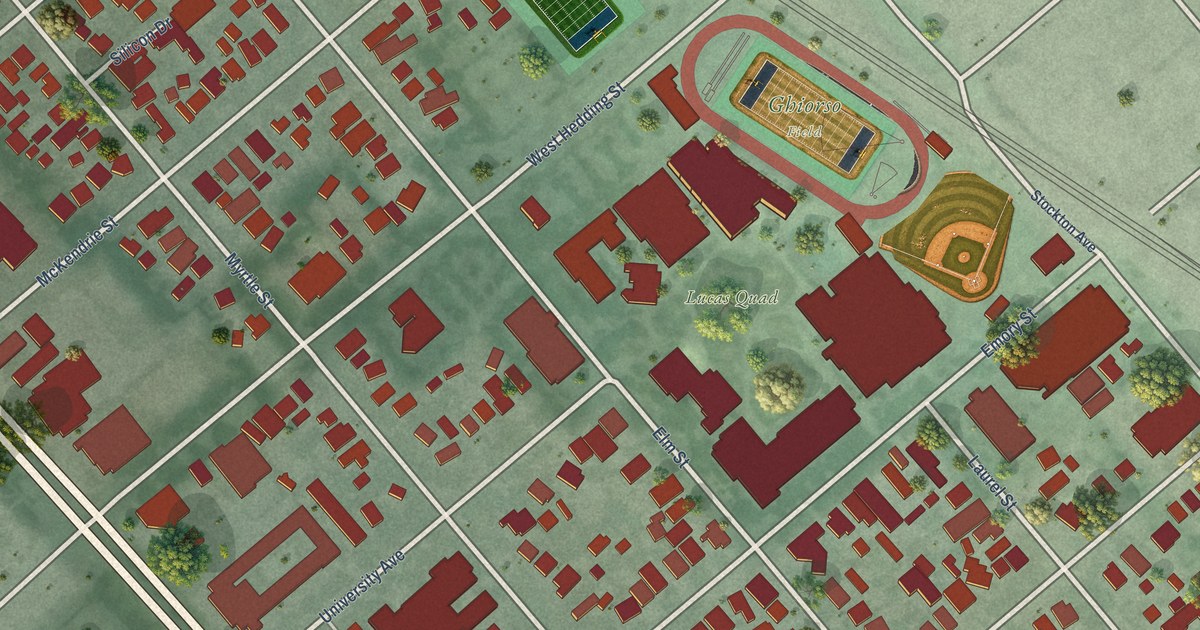 Close-up of streets and buildings in College Park, California