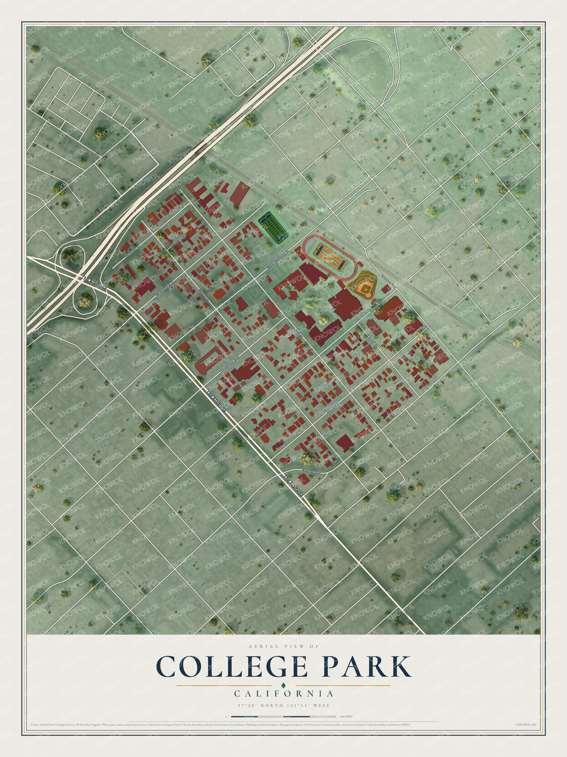 Full map of College Park, California, with red buildings, printed street names and the land around them