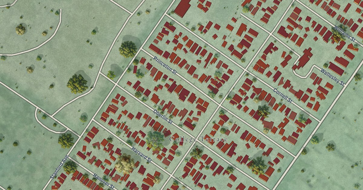 Close-up of streets and buildings in College_Terrace, California