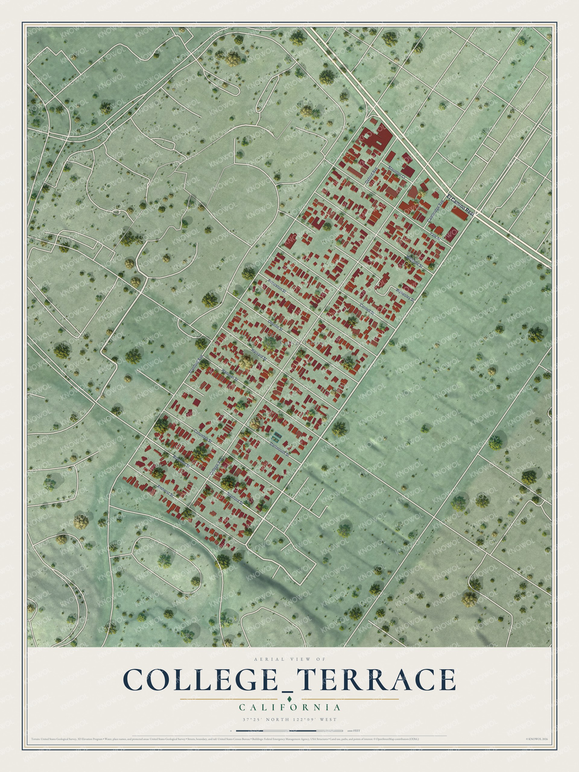 Full map of College_Terrace, California, with red buildings, printed street names and the land around them
