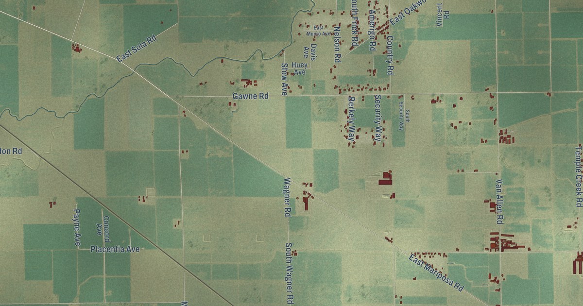 Close-up of streets and buildings in Collegeville, California