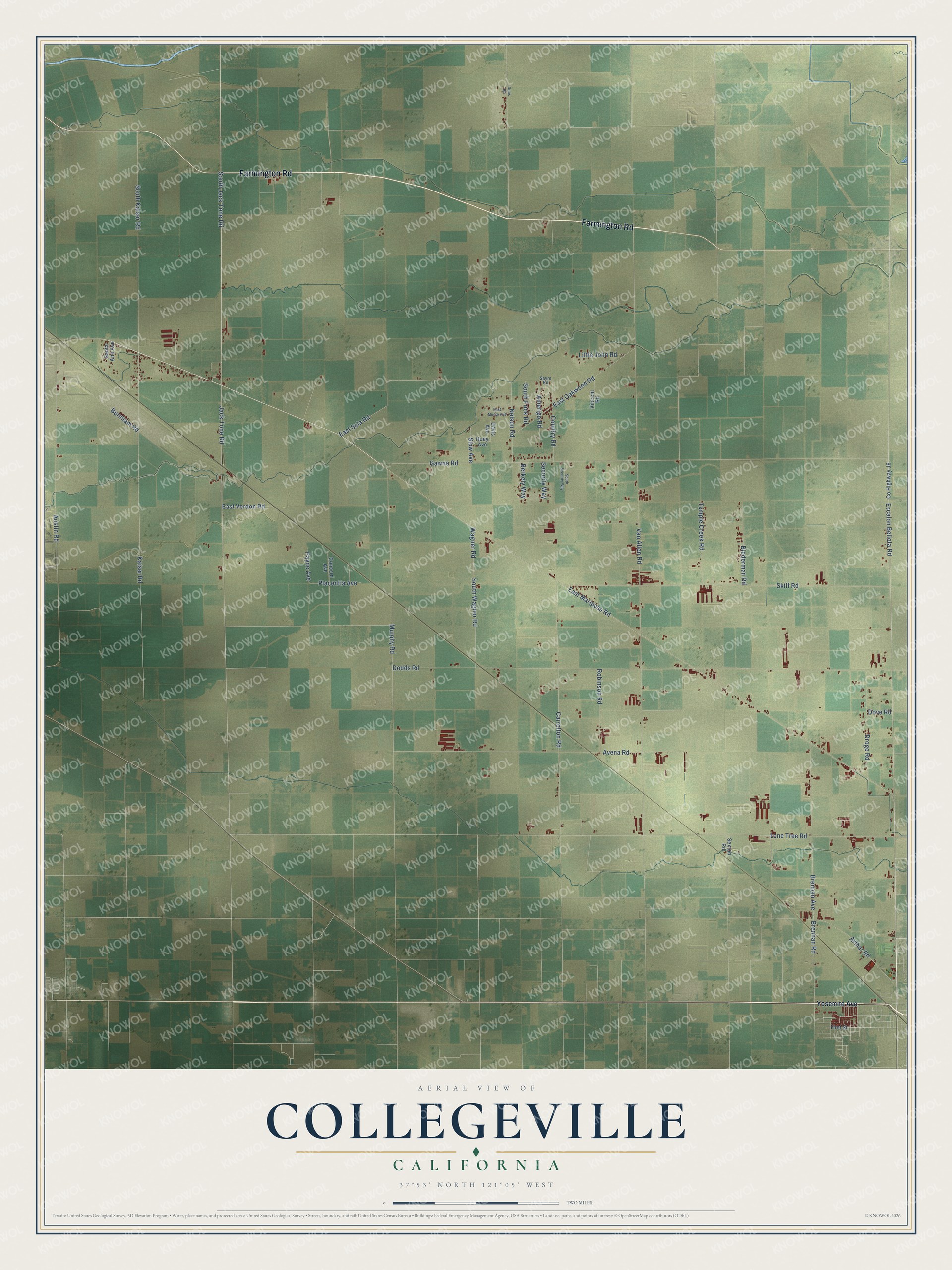Full map of Collegeville, California, with red buildings, printed street names and the land around them