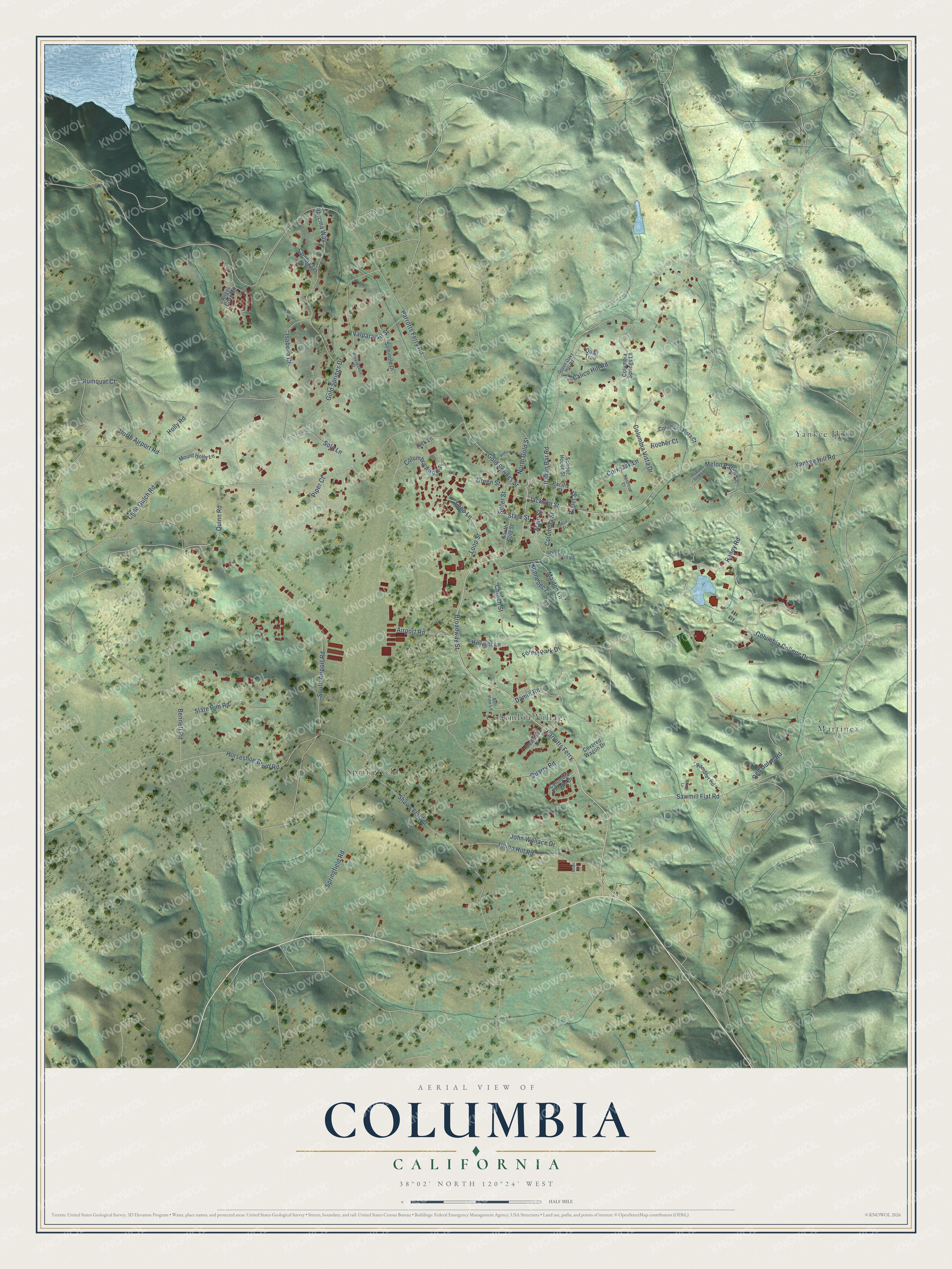 Full map of Columbia, California, with red buildings, printed street names and the land around them