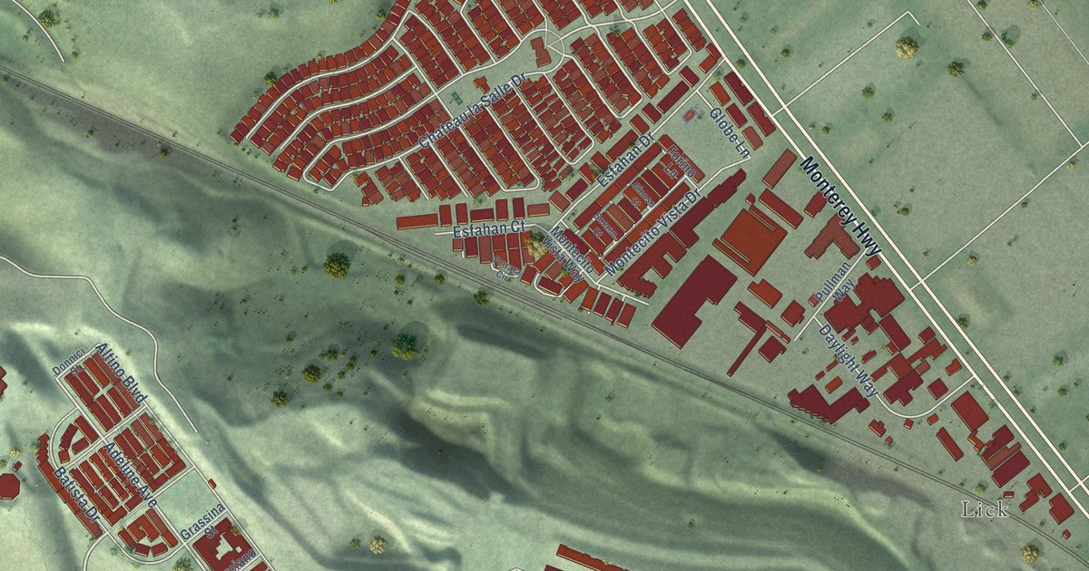 Close-up of streets and buildings in Communications Hill, California
