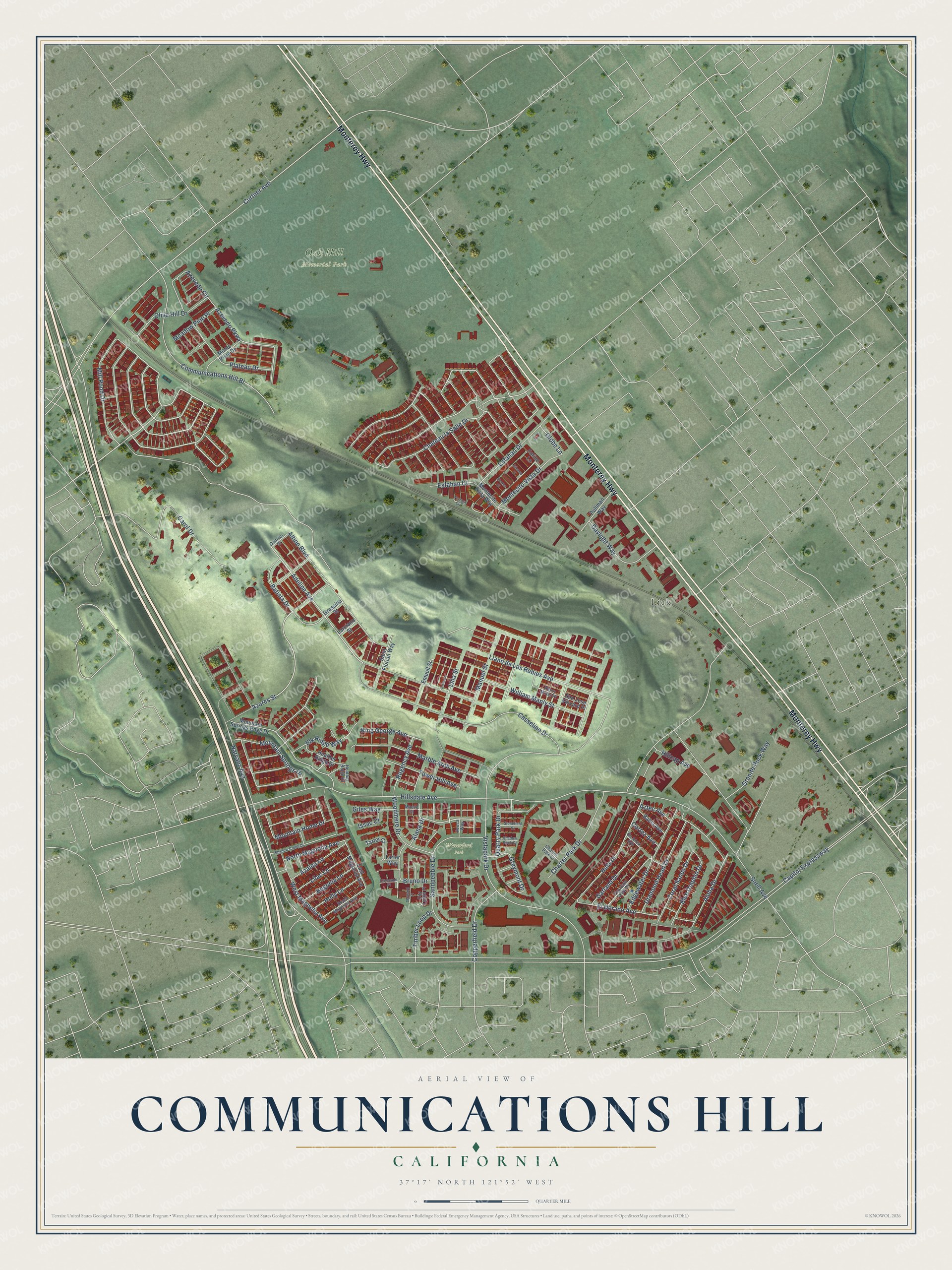 Full map of Communications Hill, California, with red buildings, printed street names and the land around them