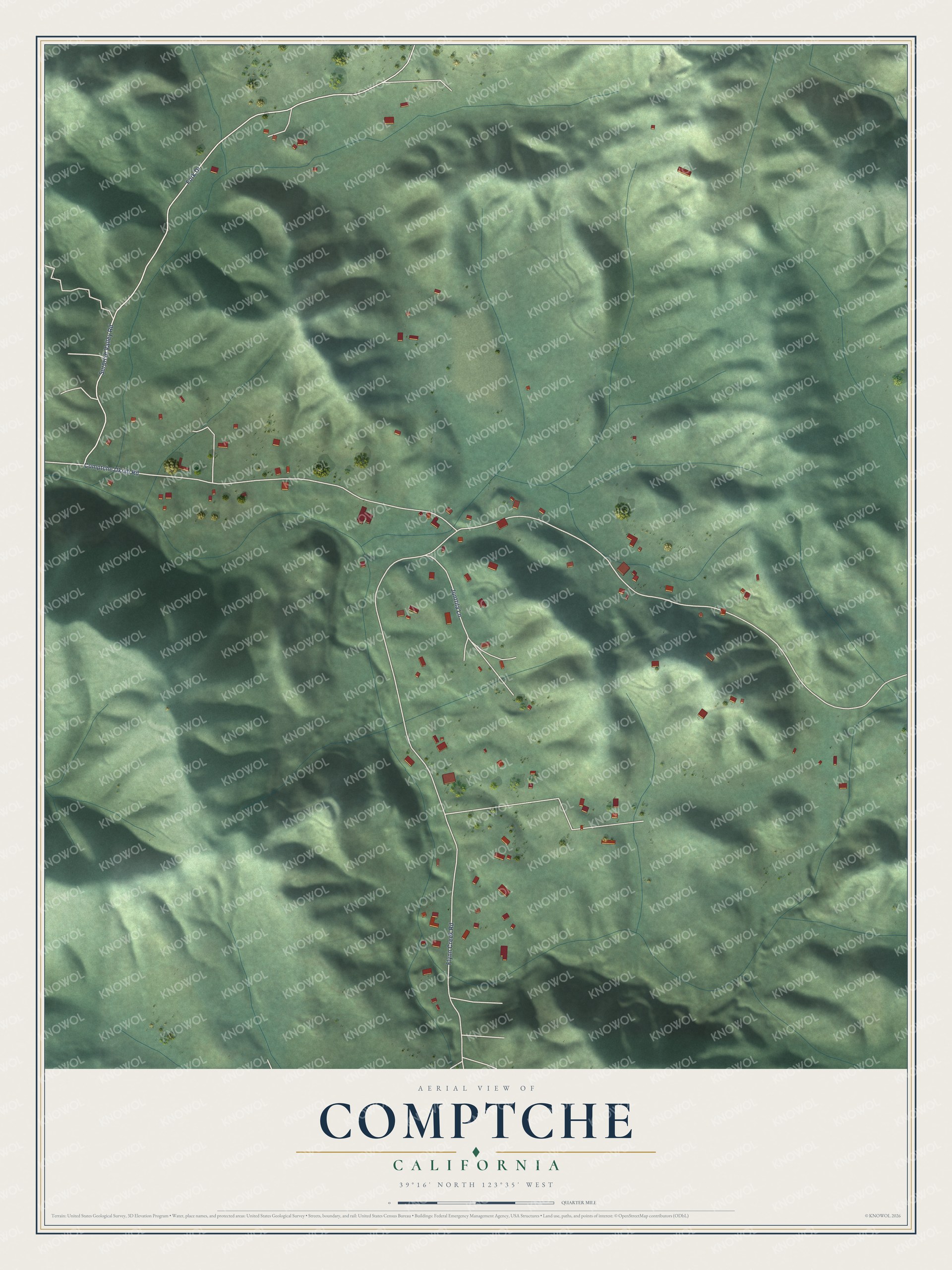Full map of Comptche, California, with red buildings, printed street names and the land around them