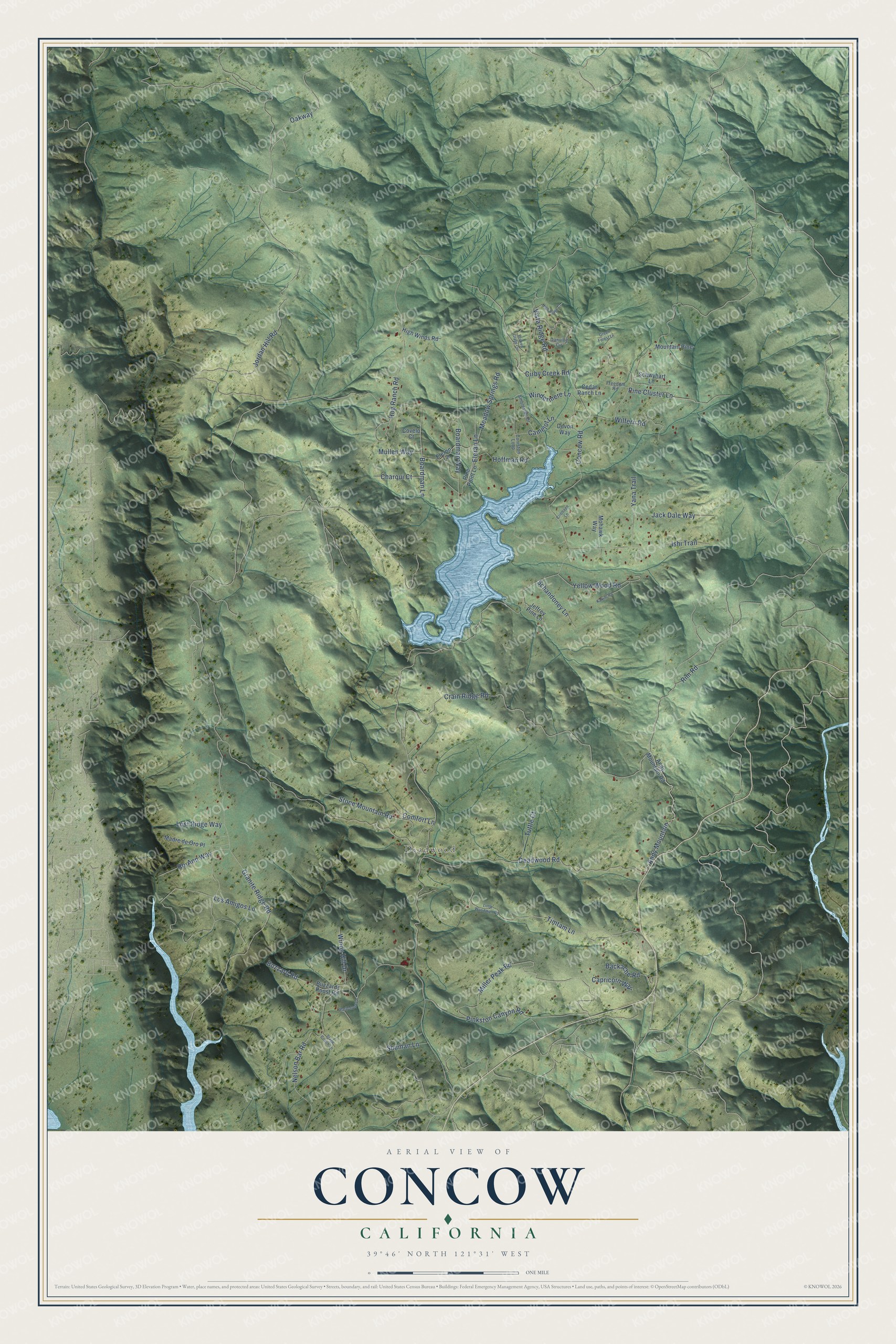 Full map of Concow, California, with red buildings, printed street names and the land around them