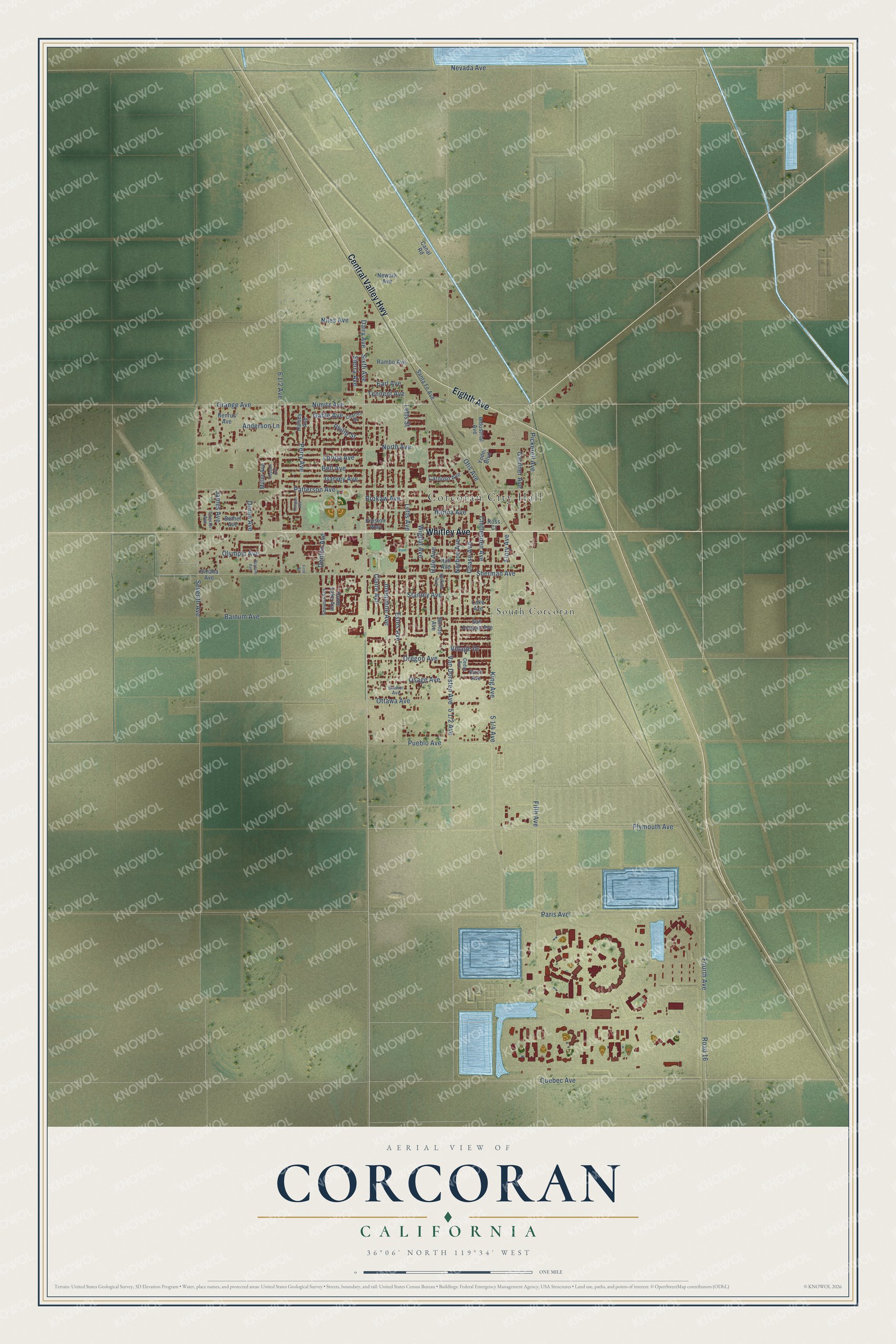 Full map of Corcoran, California, with red buildings, printed street names and the land around them