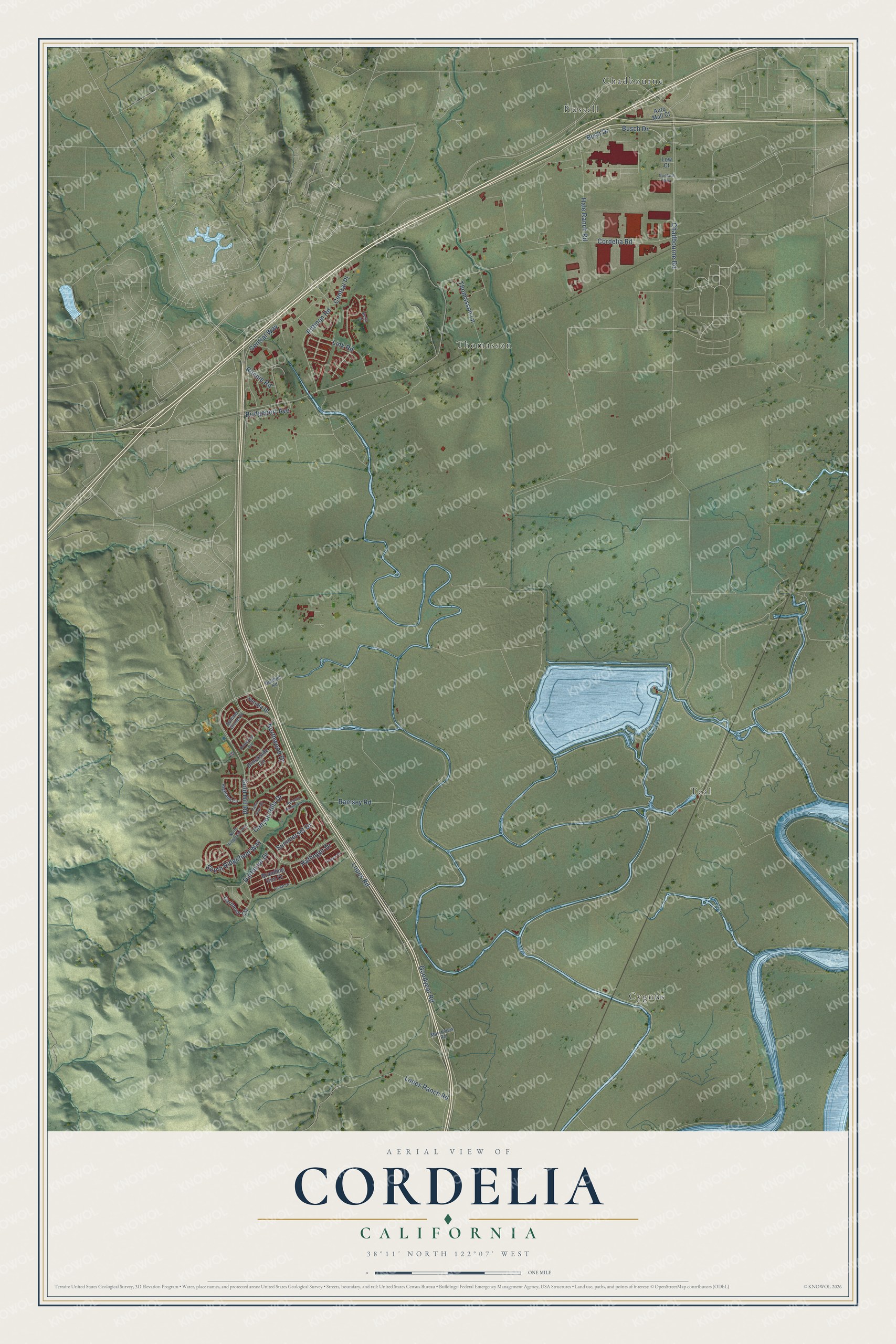 Full map of Cordelia, California, with red buildings, printed street names and the land around them