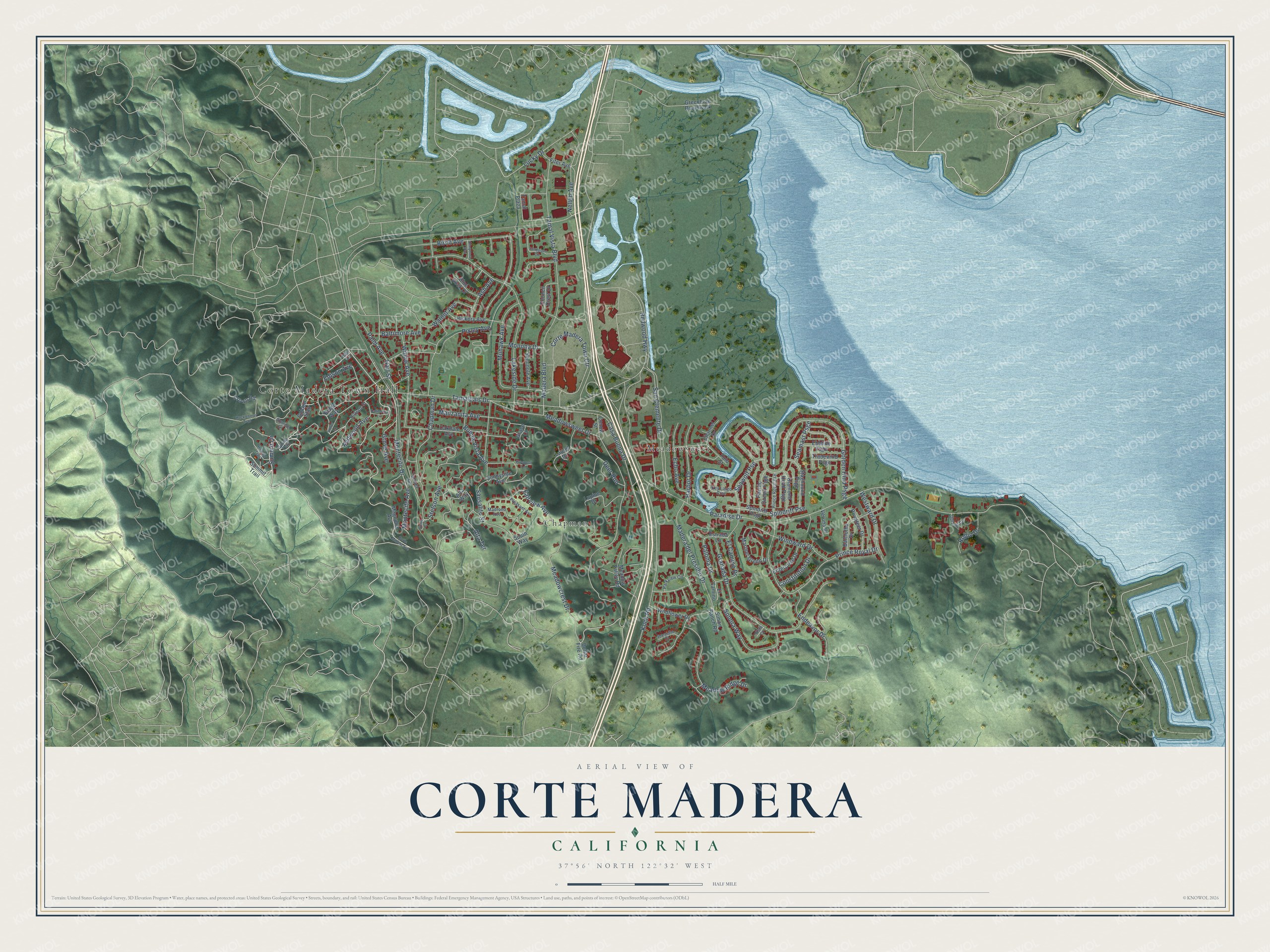 Full map of Corte Madera, California, with red buildings, printed street names and the land around them